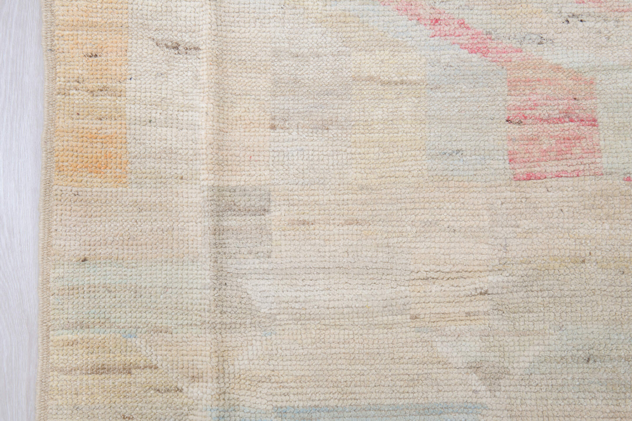 10' x 14' one-of-a-kind handmade vintage Tulu large size rug. Color palette: ivory, blush, pale gold, light blue, beige