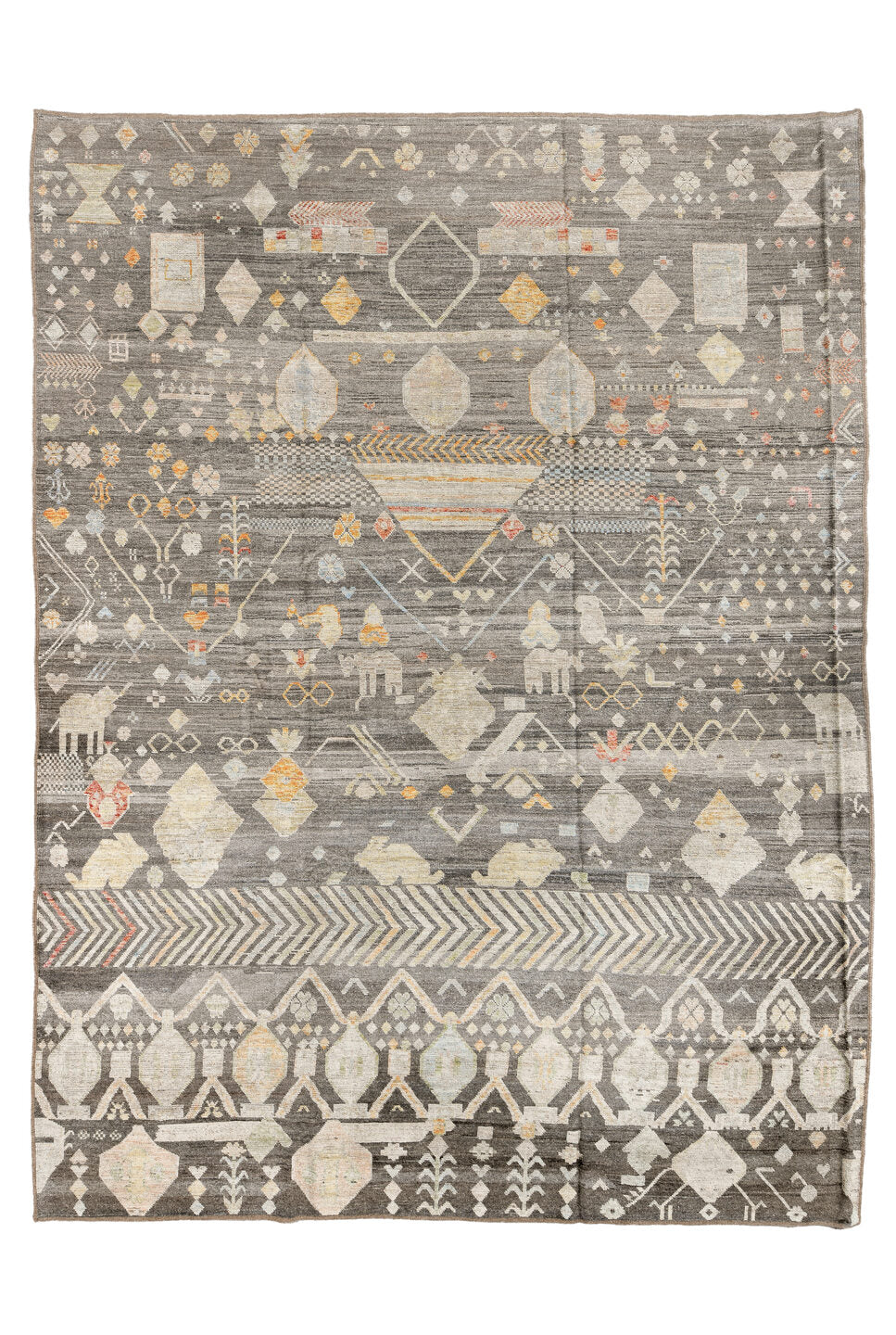 10' x 14' one-of-a-kind handmade vintage Tulu large size rug. Color palette: brown, burlywood, dim gray, gray, light gray