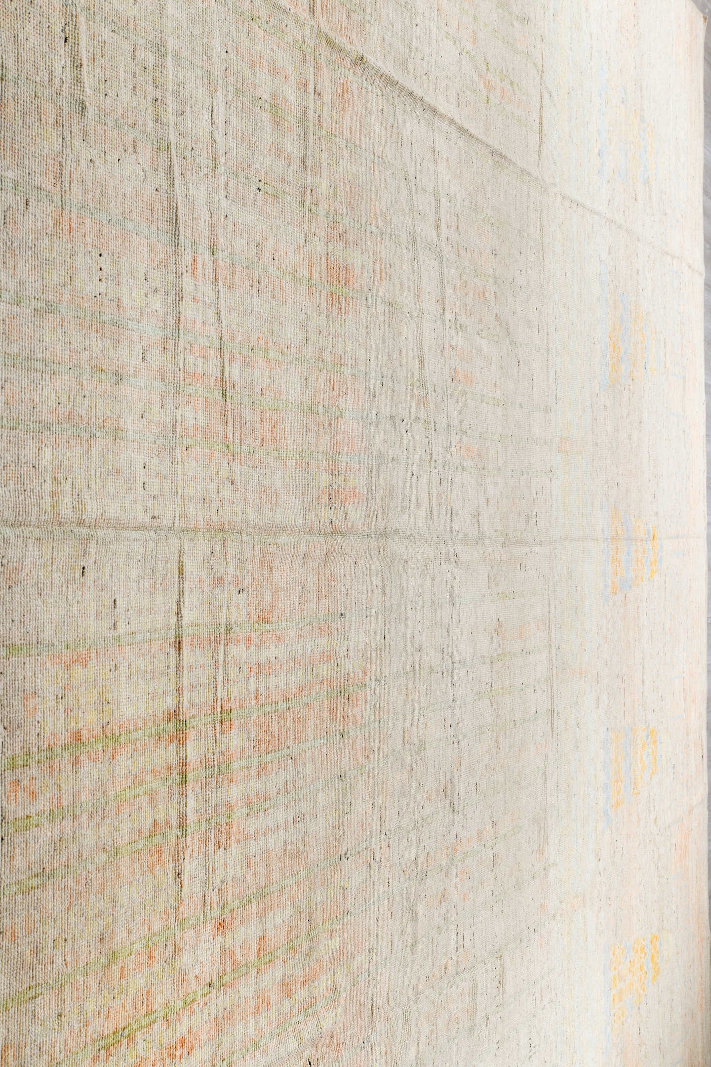 13' x 19' one-of-a-kind handmade vintage Tulu oversize rug. Color palette: ivory, cream, pale gold, pale blue, blush, beige