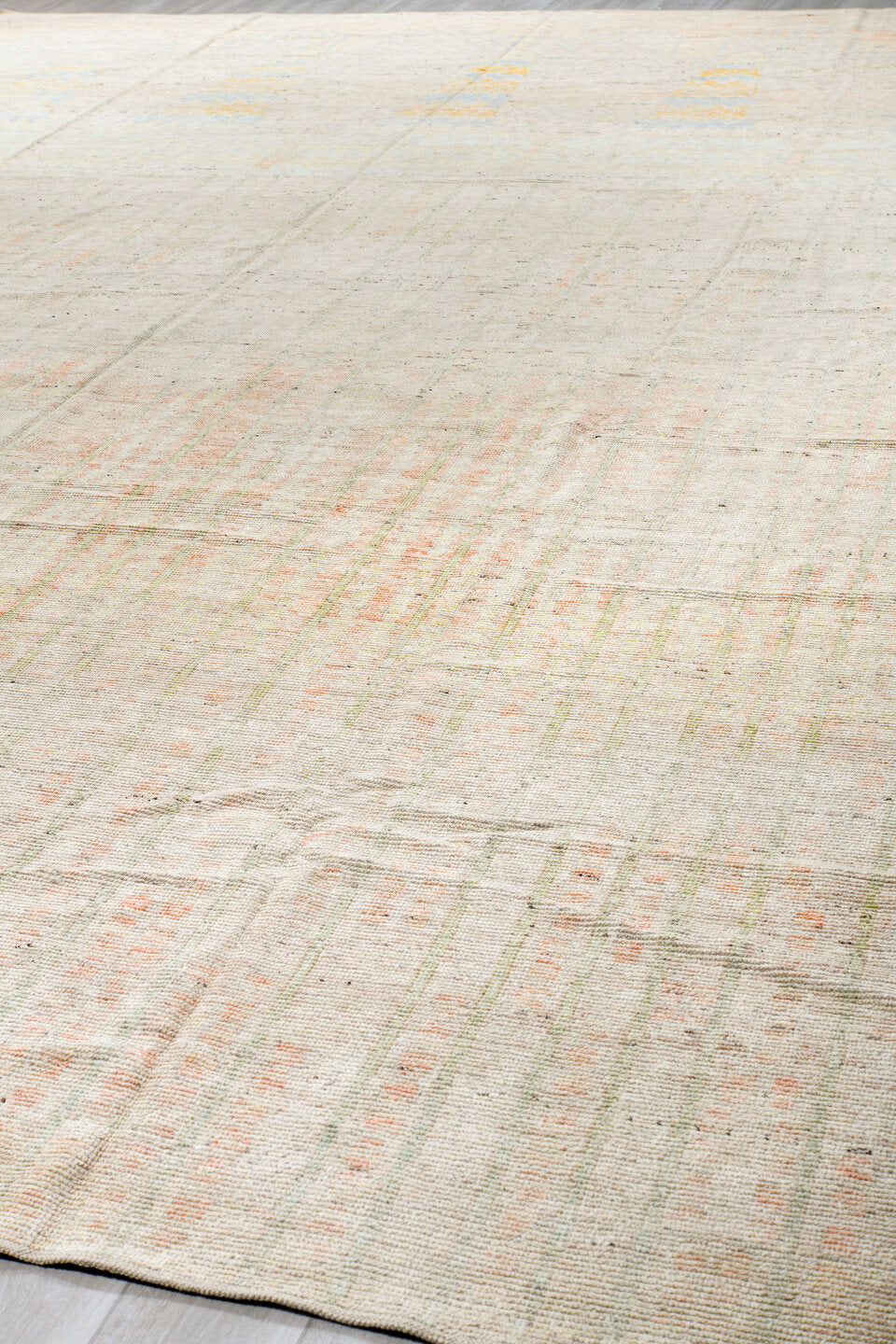 13' x 19' one-of-a-kind handmade vintage Tulu oversize rug. Color palette: ivory, cream, pale gold, pale blue, blush, beige