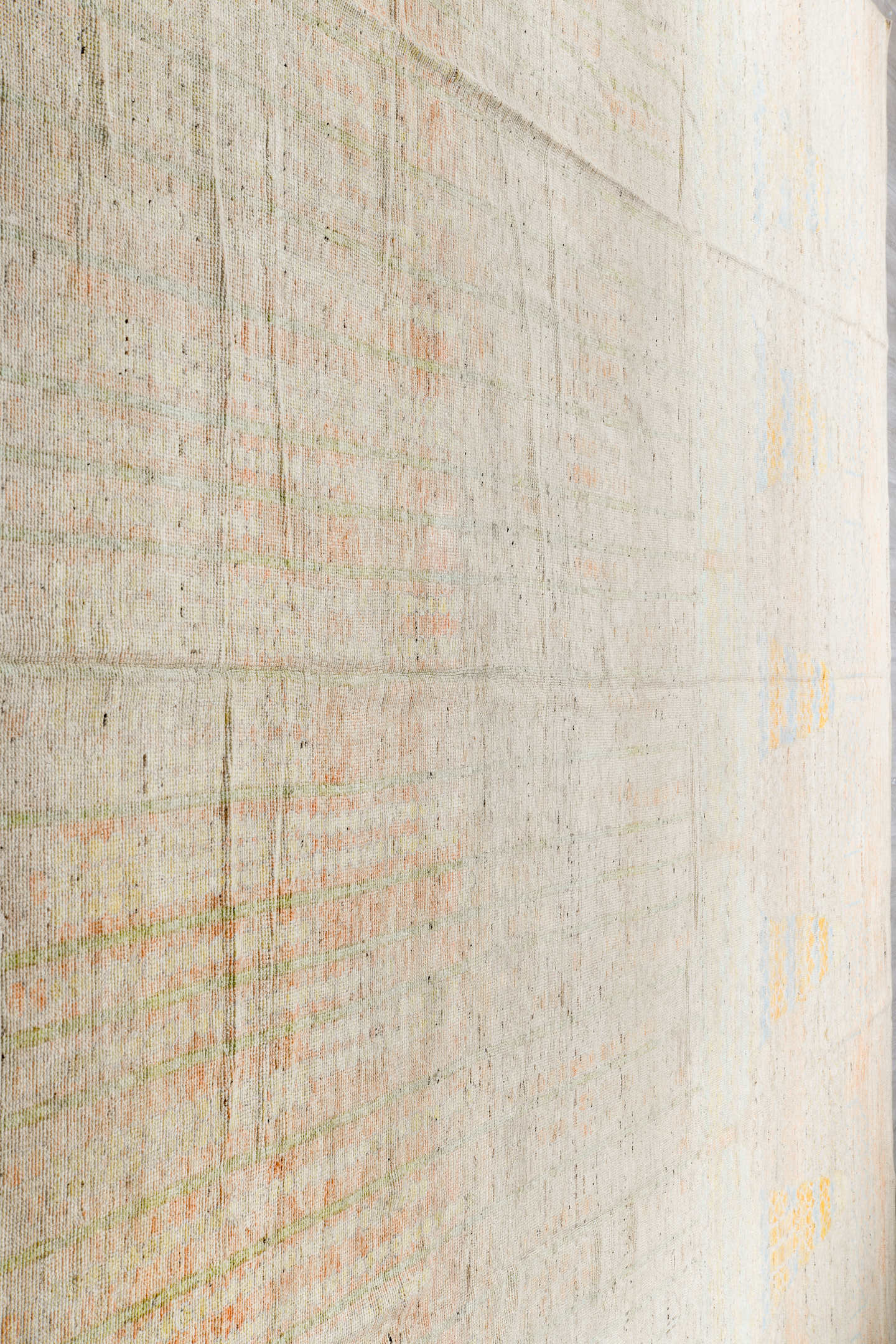 13' x 19' one-of-a-kind handmade vintage Tulu oversize rug. Color palette: ivory, cream, pale gold, pale blue, blush, beige