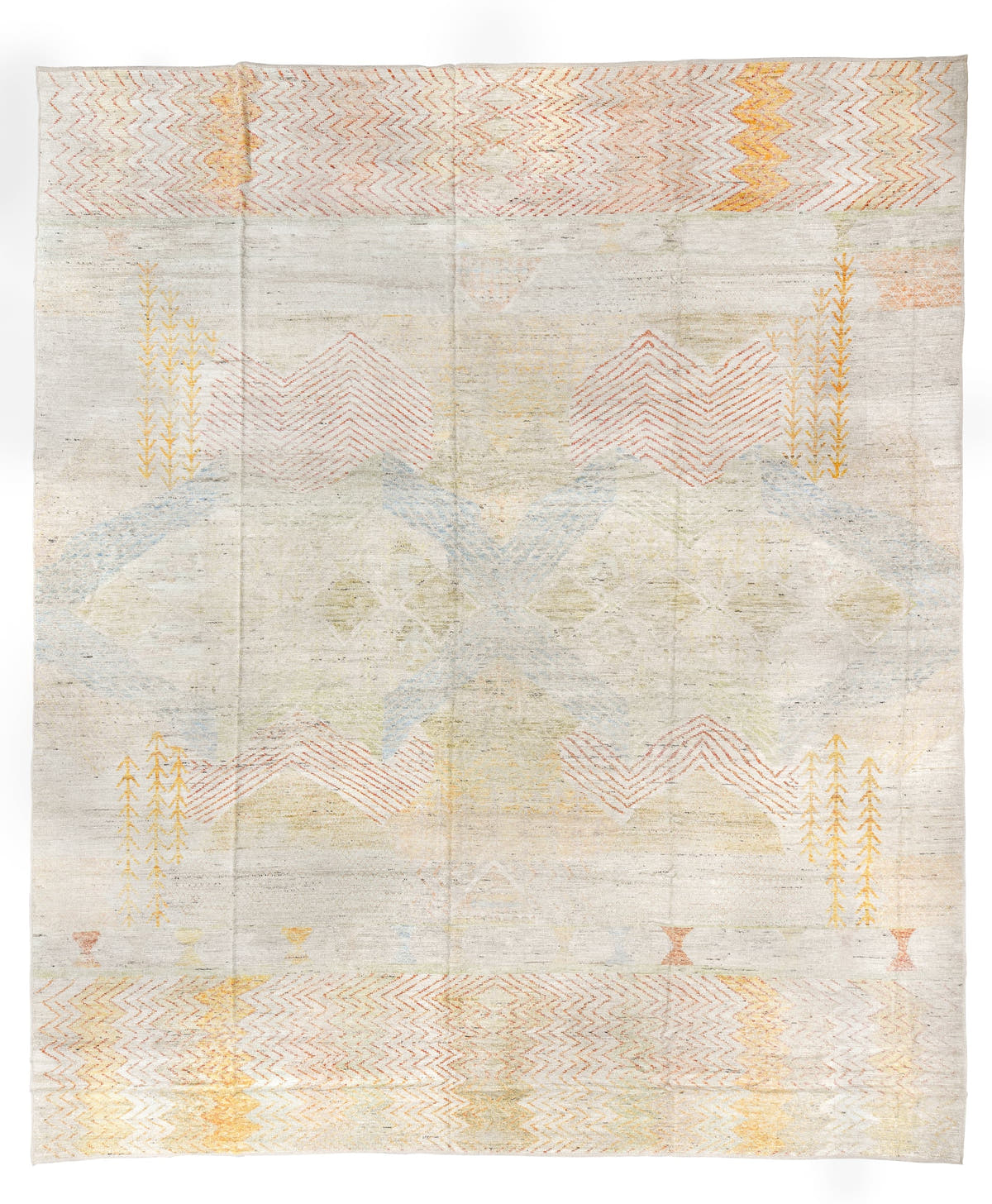 13' x 16' one-of-a-kind handmade vintage Tulu oversize rug. Color palette: ivory, blush, saffron, powder_blue, pale_gold