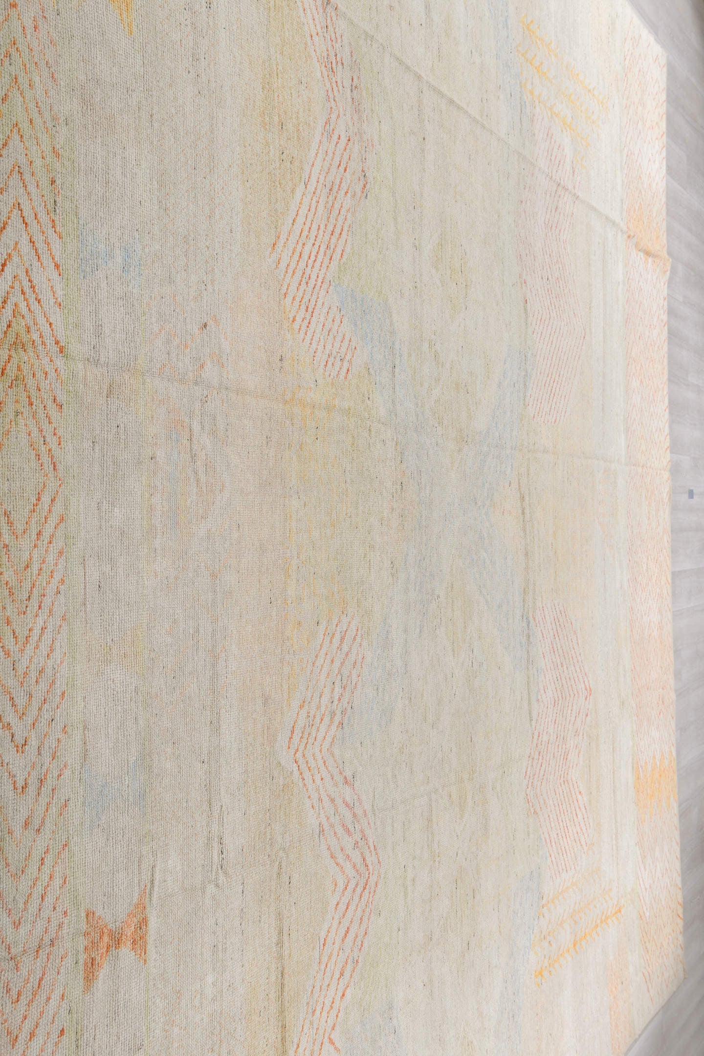 13' x 16' one-of-a-kind handmade vintage Tulu oversize rug. Color palette: ivory, blush, saffron, powder_blue, pale_gold