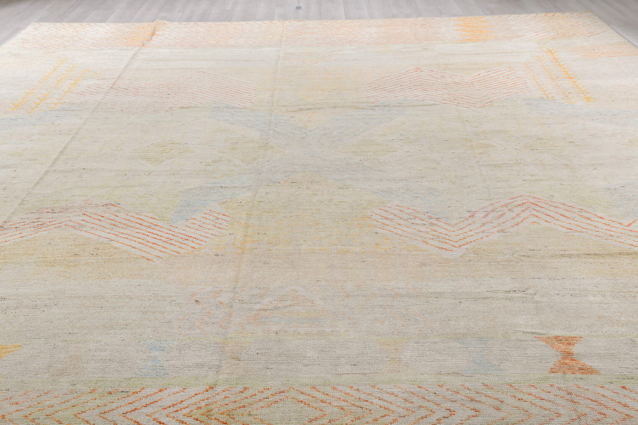 13' x 16' one-of-a-kind handmade vintage Tulu oversize rug. Color palette: brown, dark gray, gainsboro, gray, light gray