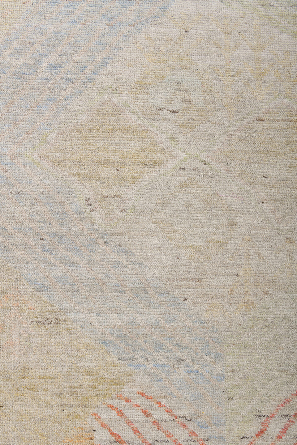13' x 16' one-of-a-kind handmade vintage Tulu oversize rug. Color palette: ivory, blush, saffron, powder_blue, pale_gold