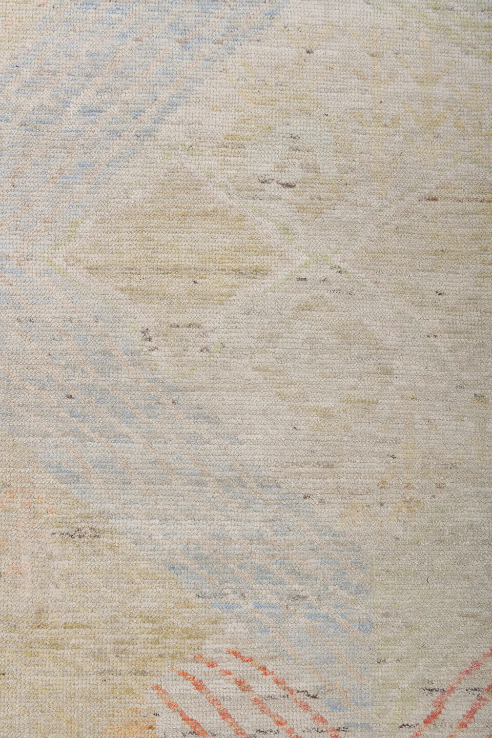 13' x 16' one-of-a-kind handmade vintage Tulu oversize rug. Color palette: ivory, blush, saffron, powder_blue, pale_gold