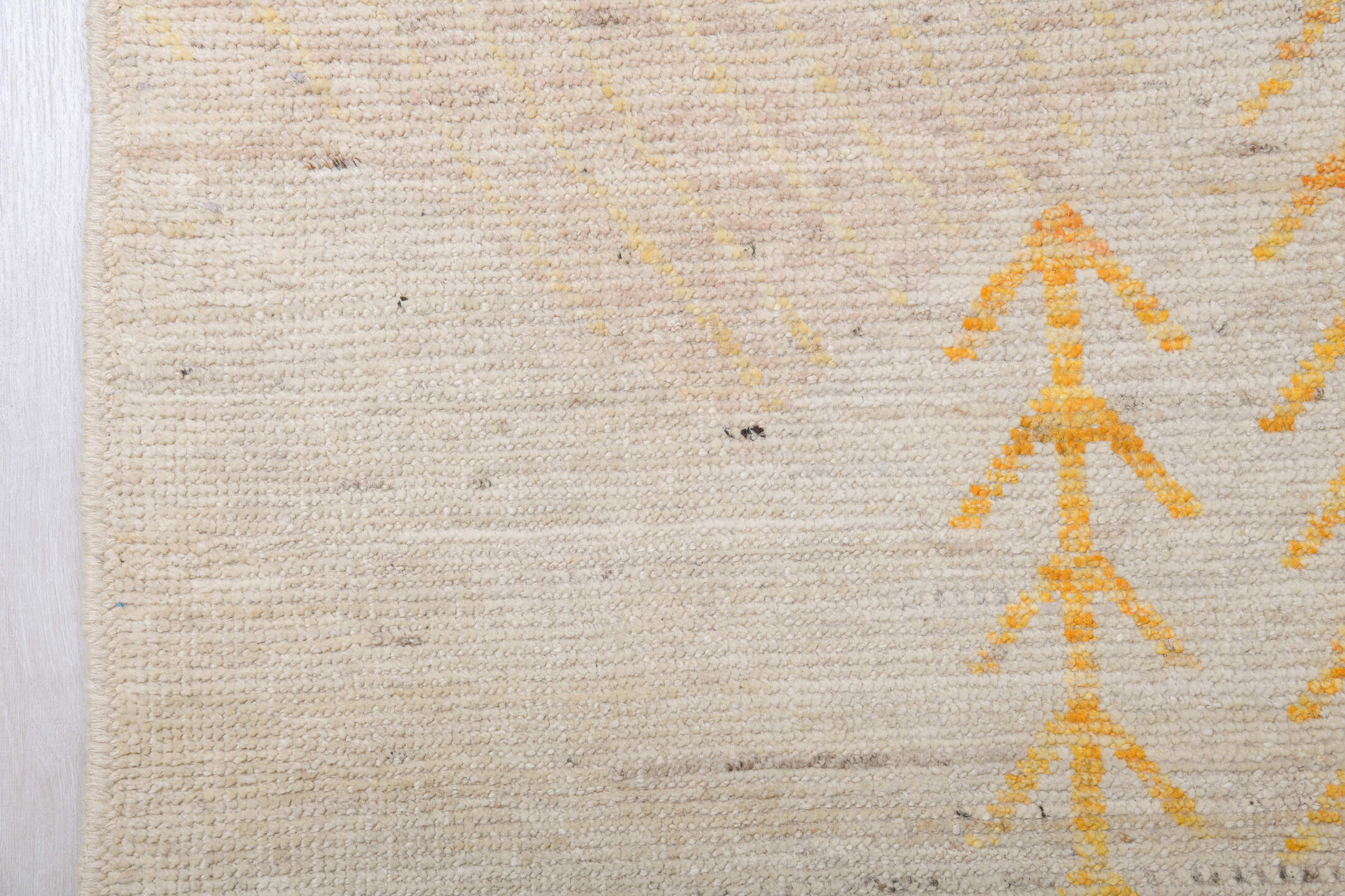 13' x 16' one-of-a-kind handmade vintage Tulu oversize rug. Color palette: ivory, blush, saffron, powder_blue, pale_gold