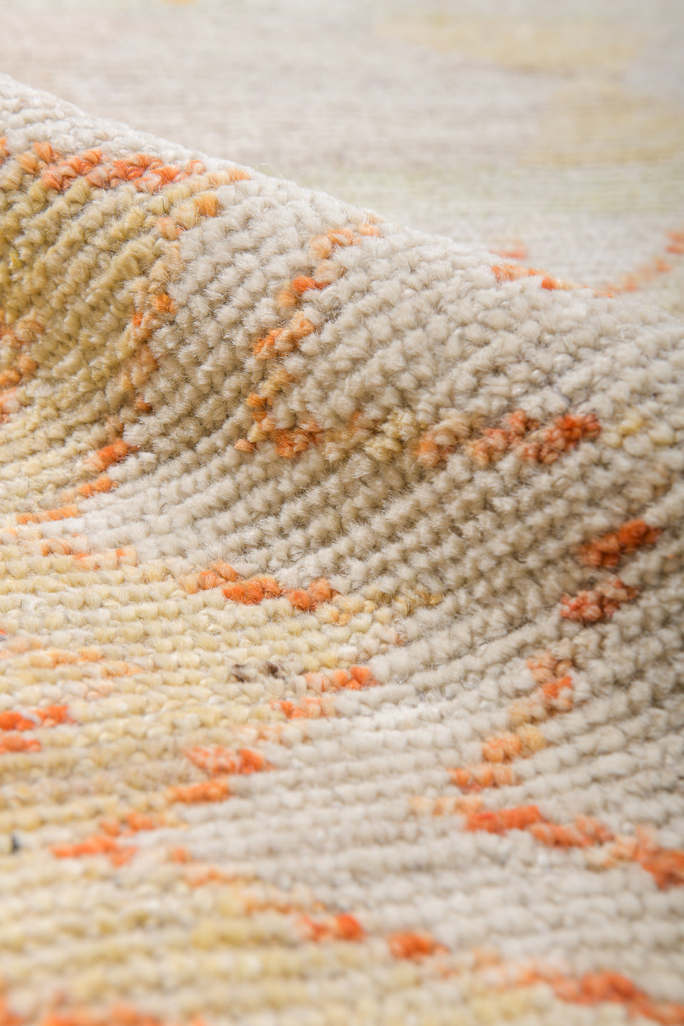 13' x 16' one-of-a-kind handmade vintage Tulu oversize rug. Color palette: ivory, blush, saffron, powder_blue, pale_gold