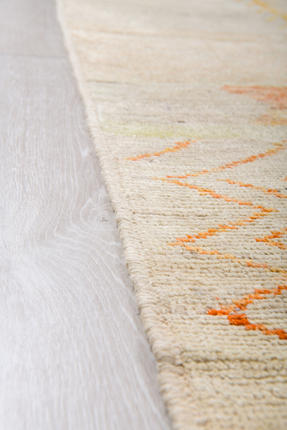 13' x 16' one-of-a-kind handmade vintage Tulu oversize rug. Color palette: ivory, blush, saffron, powder_blue, pale_gold