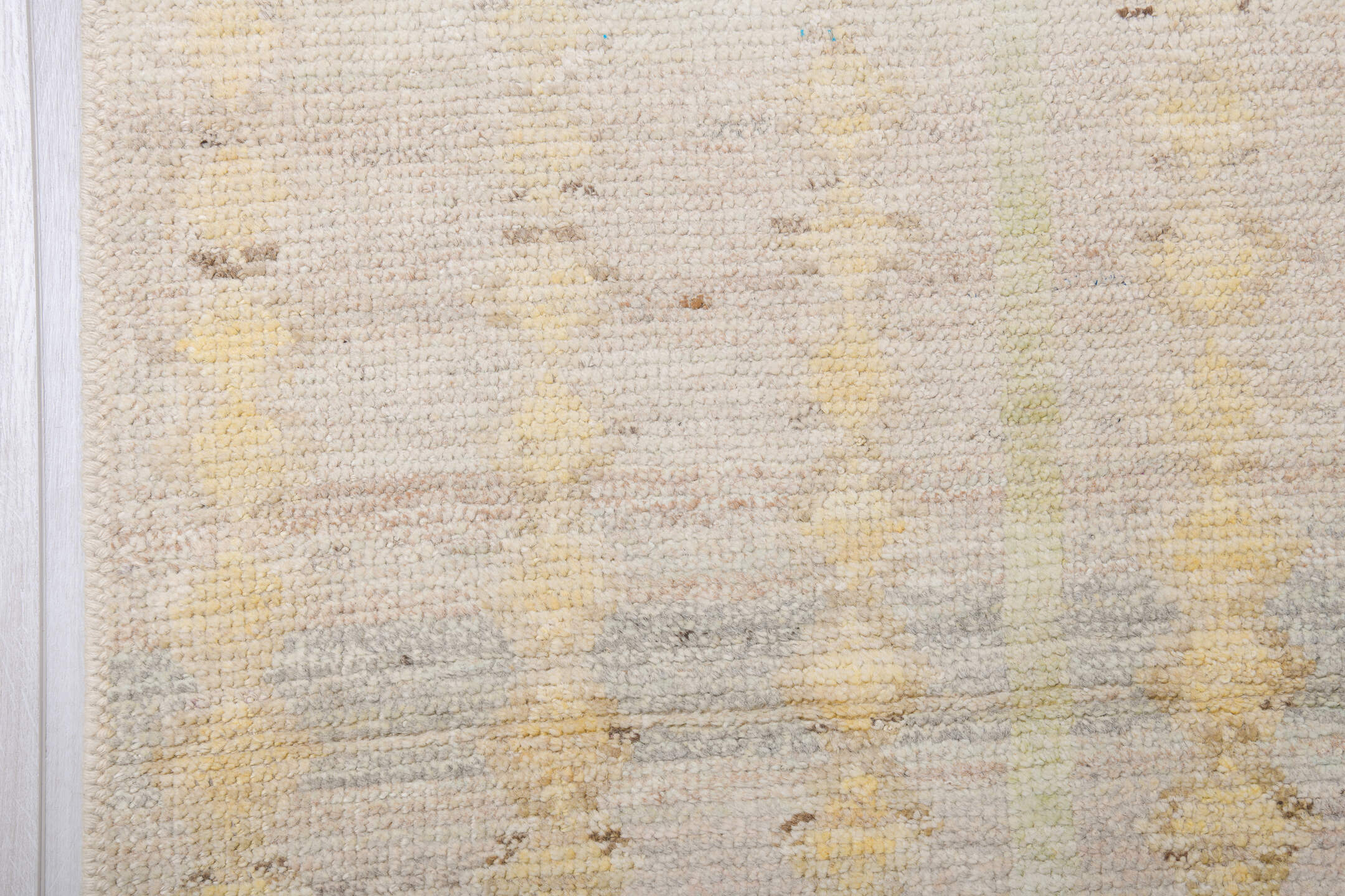 14' x 19' one-of-a-kind handmade vintage Tulu oversize rug. Color palette: ivory, cream, pale blue, soft gold, taupe, beige