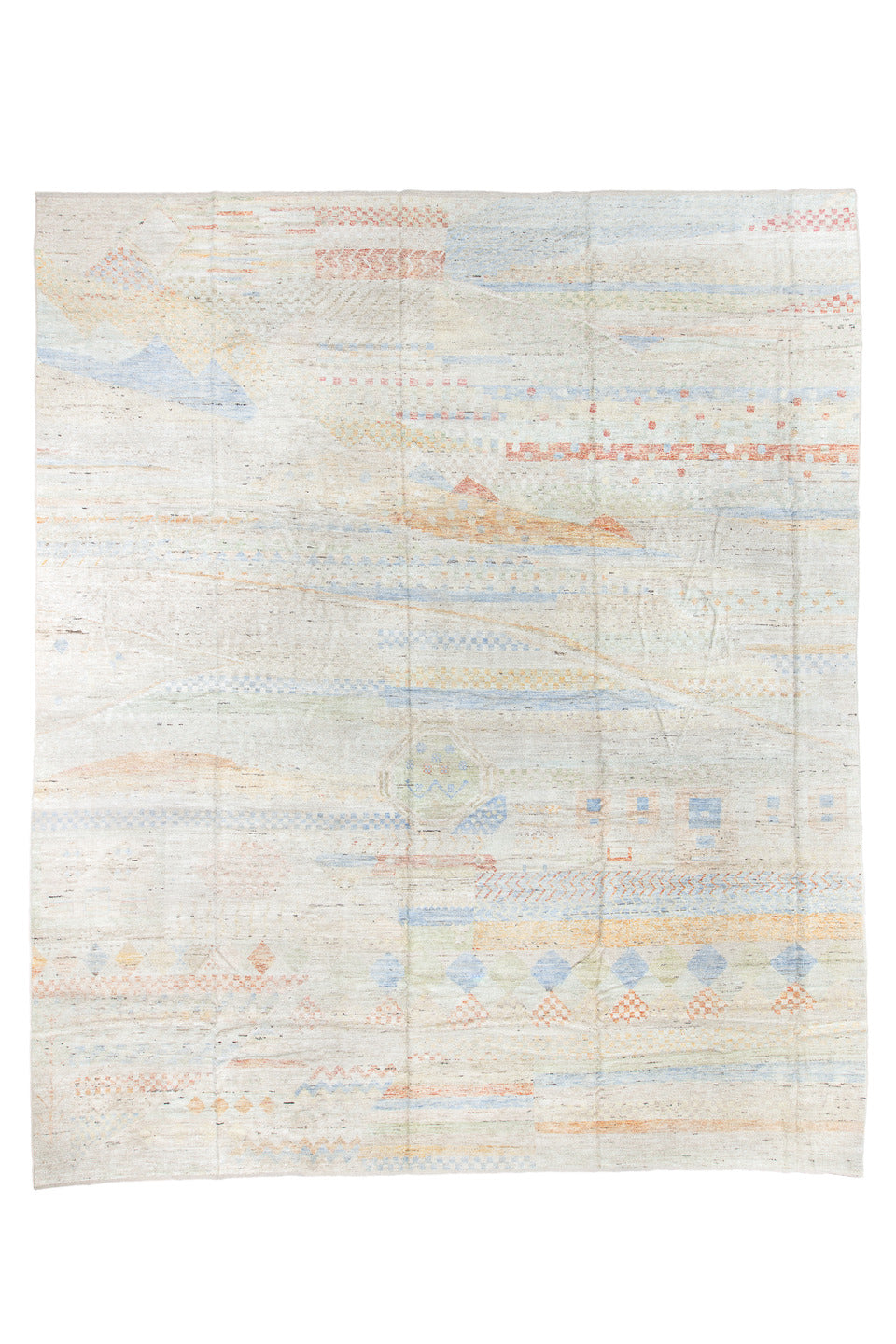 13' x 16' one-of-a-kind handmade vintage Tulu oversize rug. Color palette: alice blue, azure, bisque, blanched almond, blue