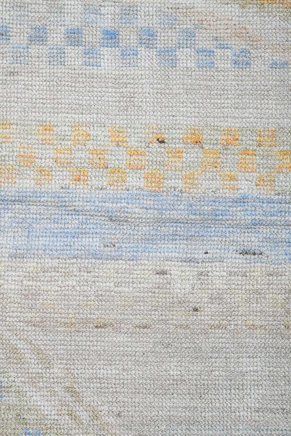 13' x 16' one-of-a-kind handmade vintage Tulu oversize rug. Color palette: alice blue, azure, bisque, blanched almond, blue