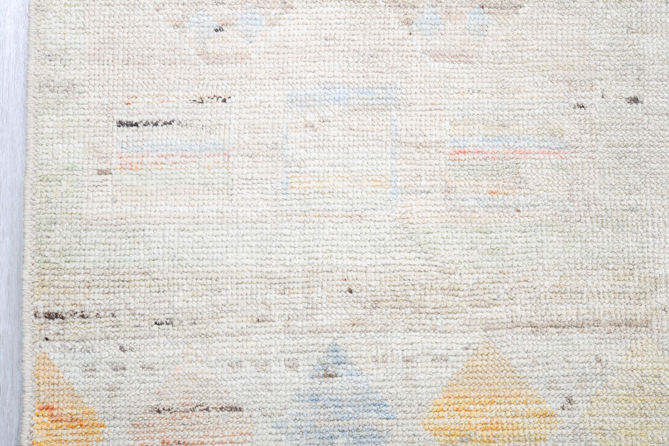 13' x 16' one-of-a-kind handmade vintage Tulu oversize rug. Color palette: alice blue, azure, bisque, blanched almond, blue