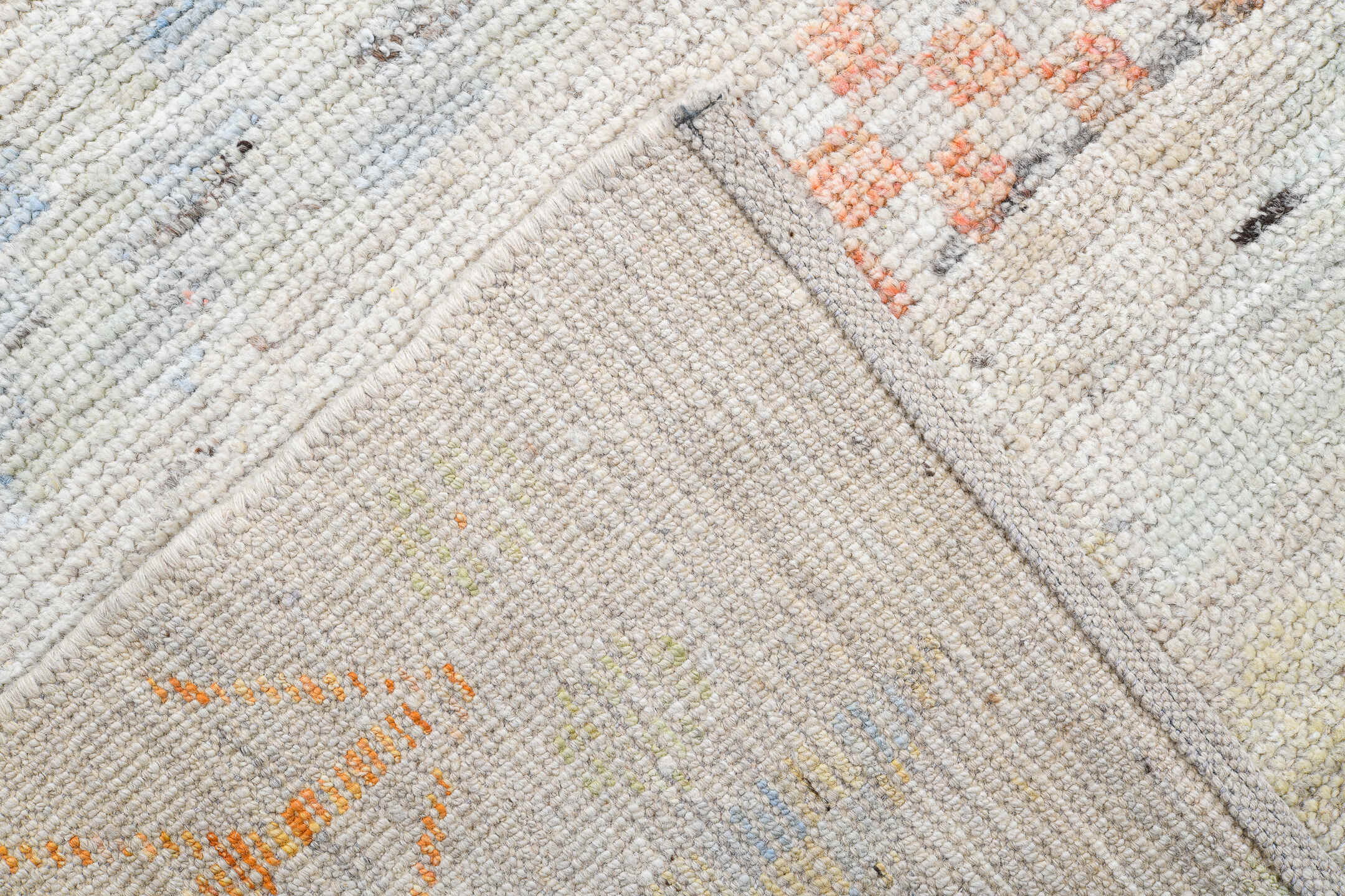 13' x 16' one-of-a-kind handmade vintage Tulu oversize rug. Color palette: alice blue, azure, bisque, blanched almond, blue