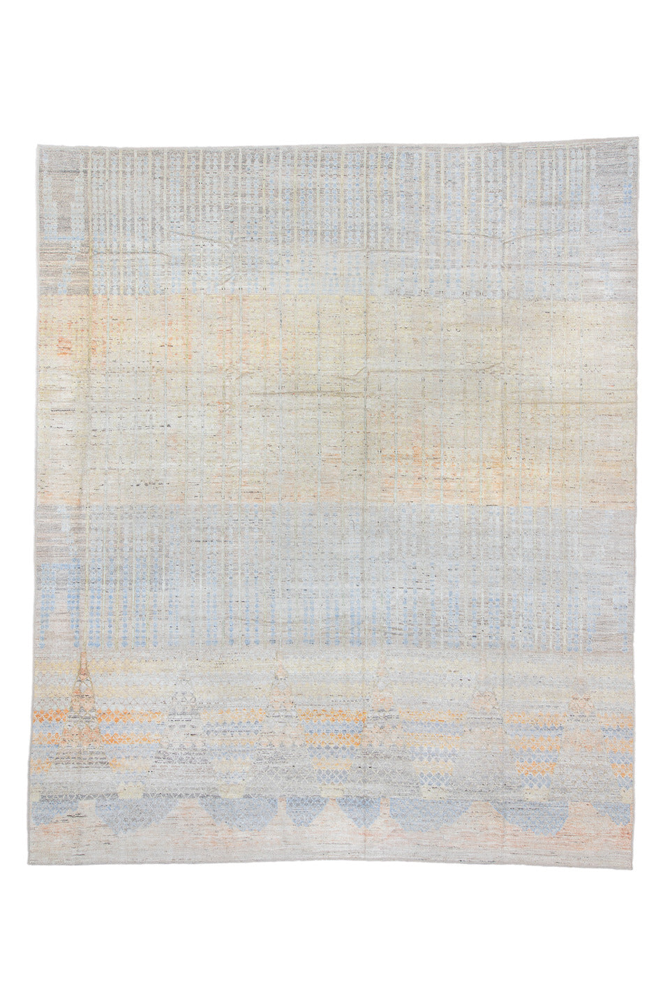 13' x 16' one-of-a-kind handmade vintage Tulu oversize rug. Color palette: black, blue, dark gray, gainsboro, gray