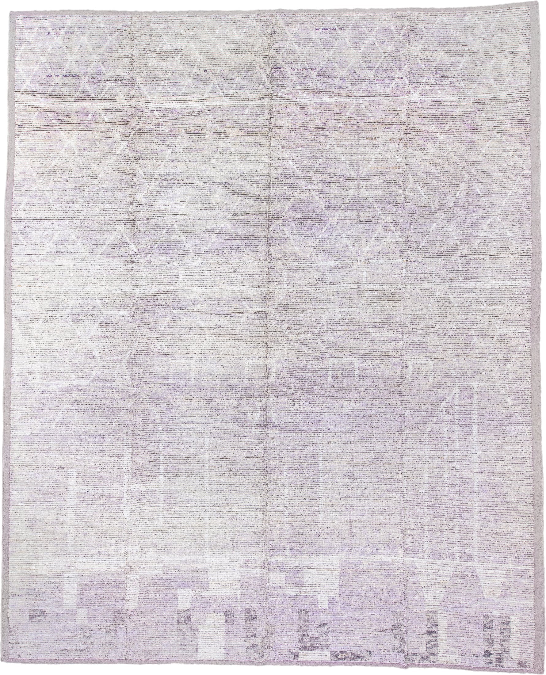 13' x 16' one-of-a-kind handmade vintage Tulu oversize rug. Color palette: ivory, pale lavender, taupe, cream, purple, pink