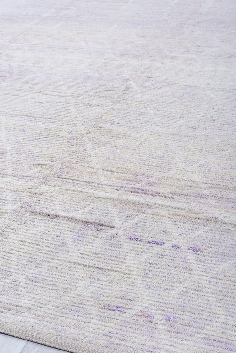13' x 16' one-of-a-kind handmade vintage Tulu oversize rug. Color palette: ivory, pale lavender, taupe, cream, purple, pink