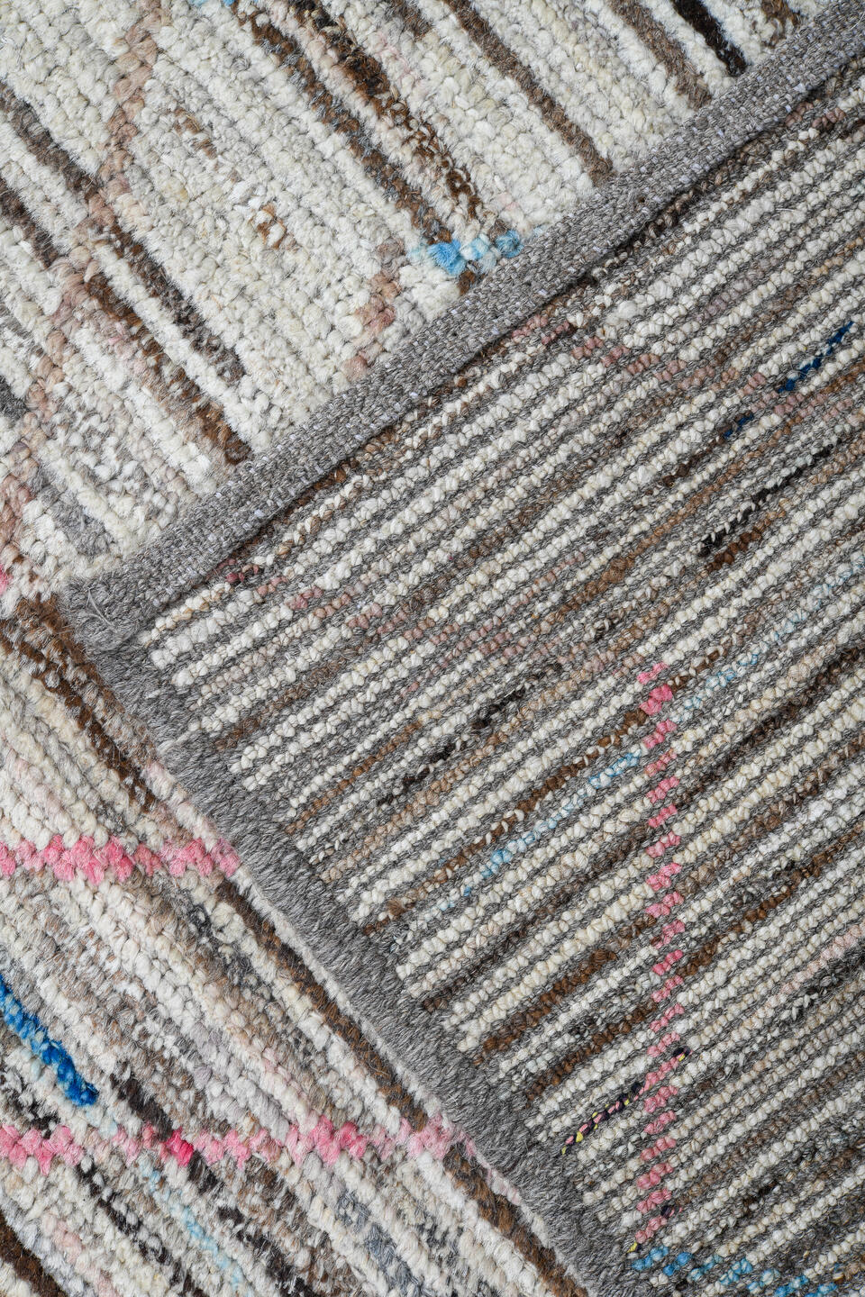 6' x 9' one-of-a-kind handmade vintage Tulu medium size rug. Color palette: ivory, taupe, brown, pink, pale_blue, gray