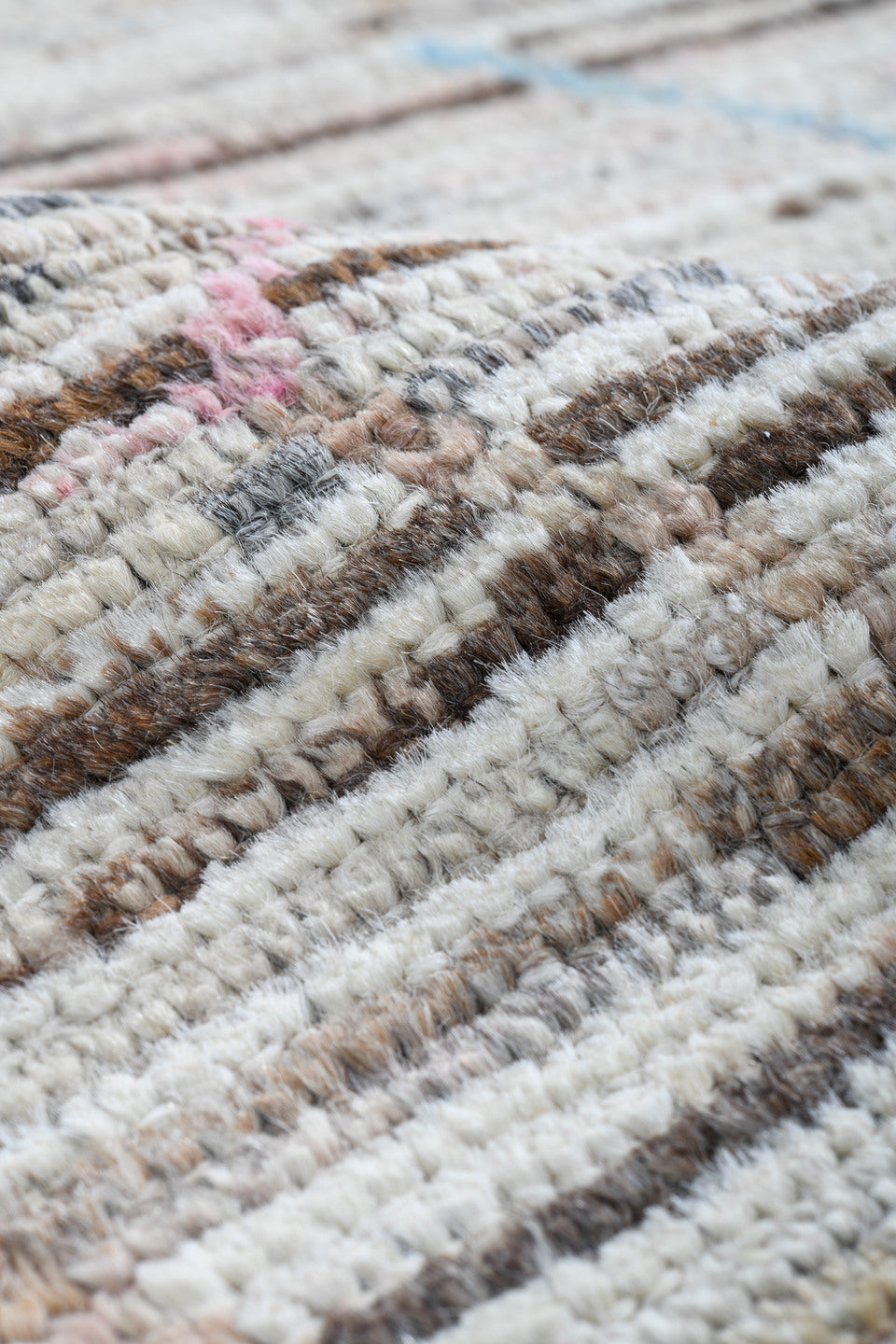 6' x 9' one-of-a-kind handmade vintage Tulu medium size rug. Color palette: ivory, taupe, brown, pink, pale_blue, gray