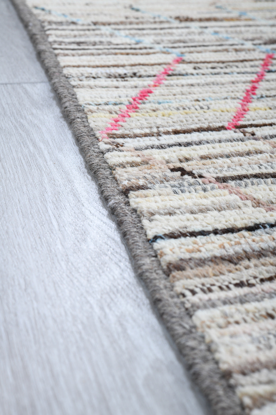 6' x 9' one-of-a-kind handmade vintage Tulu medium size rug. Color palette: ivory, taupe, brown, pink, pale_blue, gray