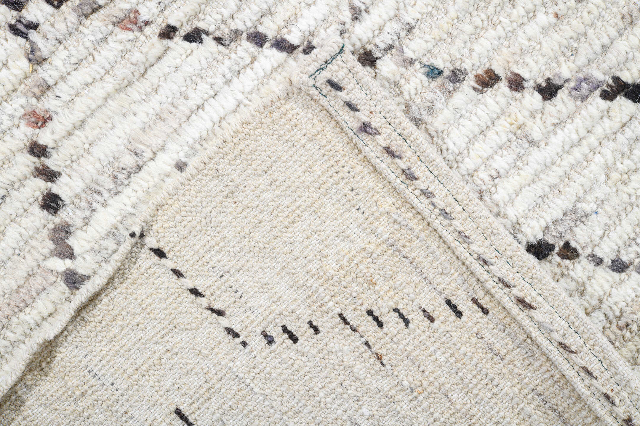 8' x 9' one-of-a-kind handmade vintage Tulu rug. Color palette: ivory, taupe, charcoal, gray, beige, black