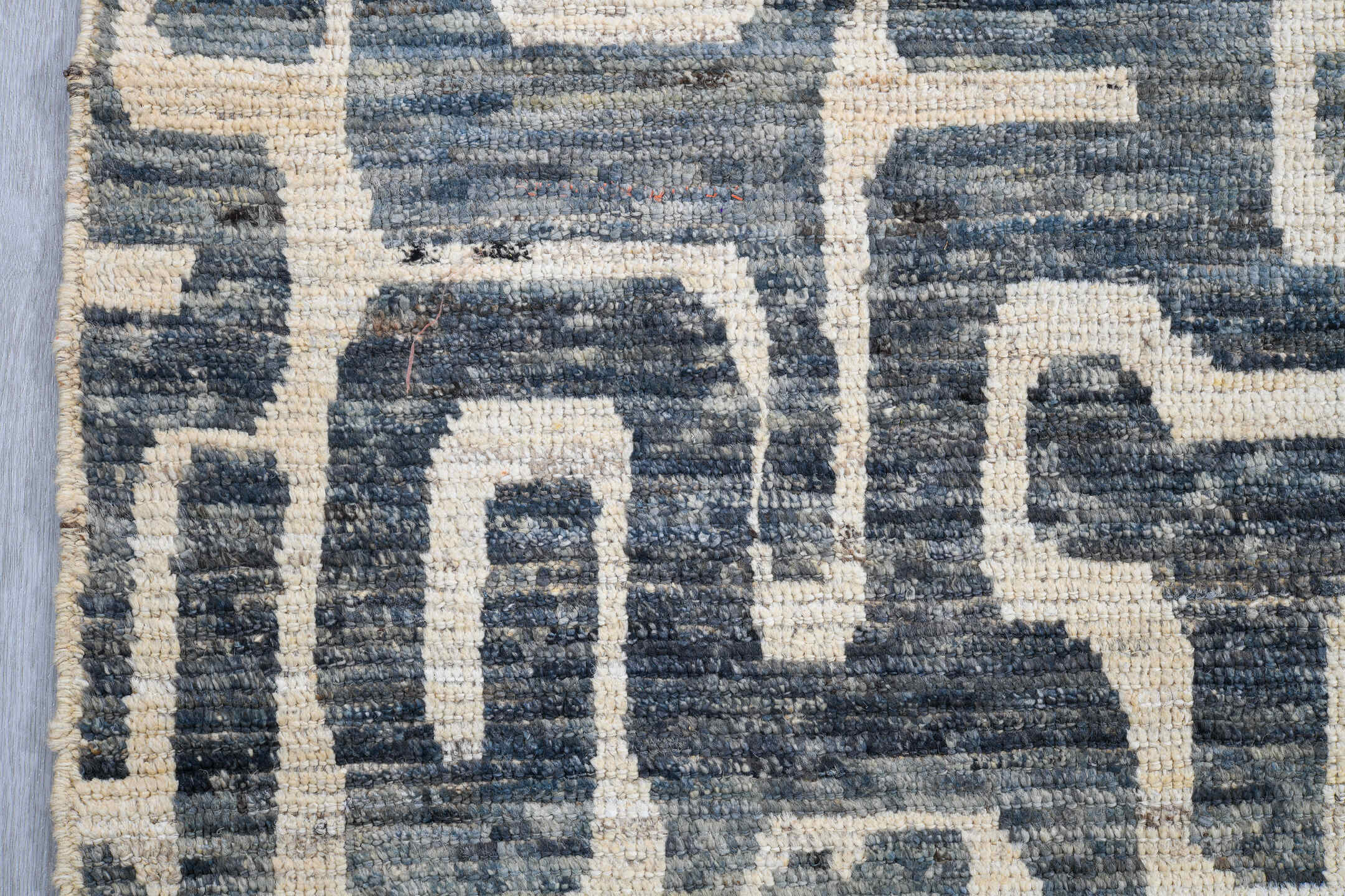 6' x 9' one-of-a-kind handmade vintage Tulu medium size rug. Color palette: blue, ivory, slate, denim, cream, gray