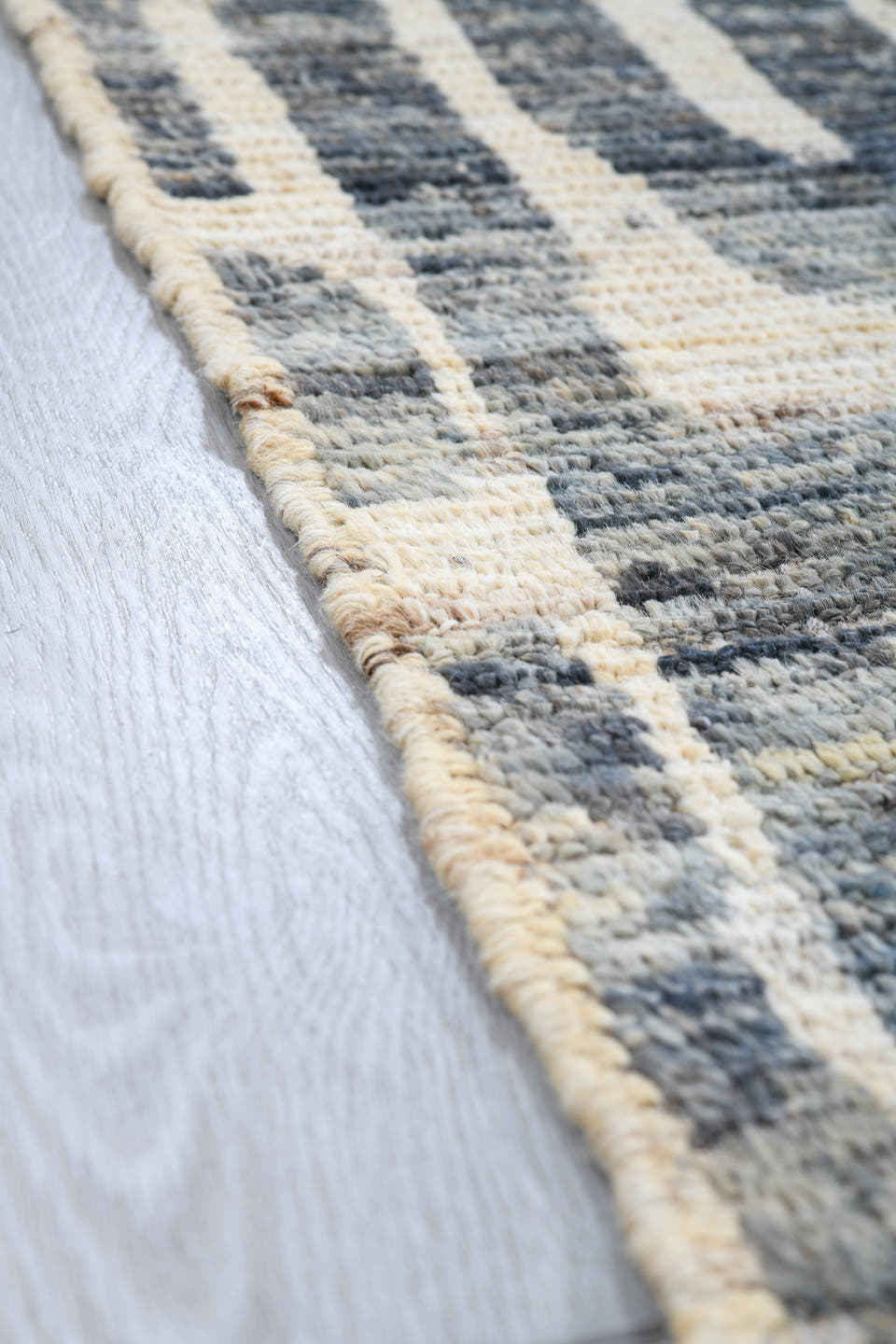 6' x 9' one-of-a-kind handmade vintage Tulu medium size rug. Color palette: blue, ivory, slate, denim, cream, gray