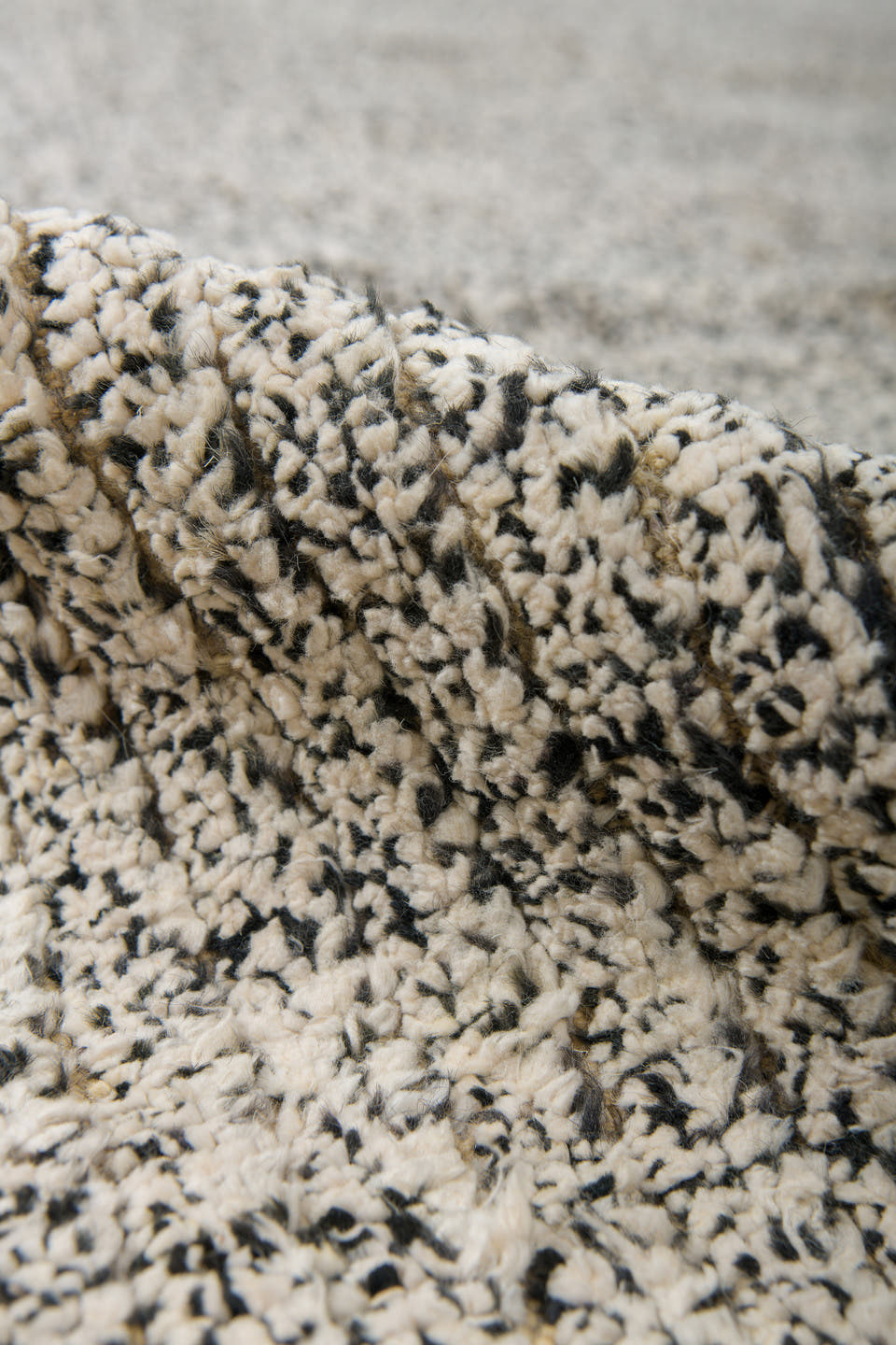 9' x 12' one-of-a-kind handmade vintage Tulu large size rug. Color palette: ivory, charcoal, gray, cream, taupe, black