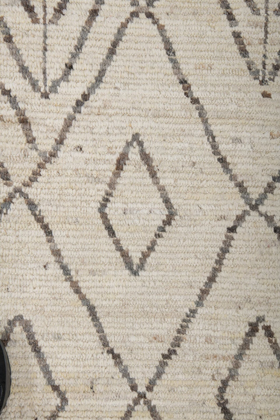 9' x 12' one-of-a-kind handmade vintage Tulu large size rug. Color palette: ivory, charcoal, cream, taupe, slate, black