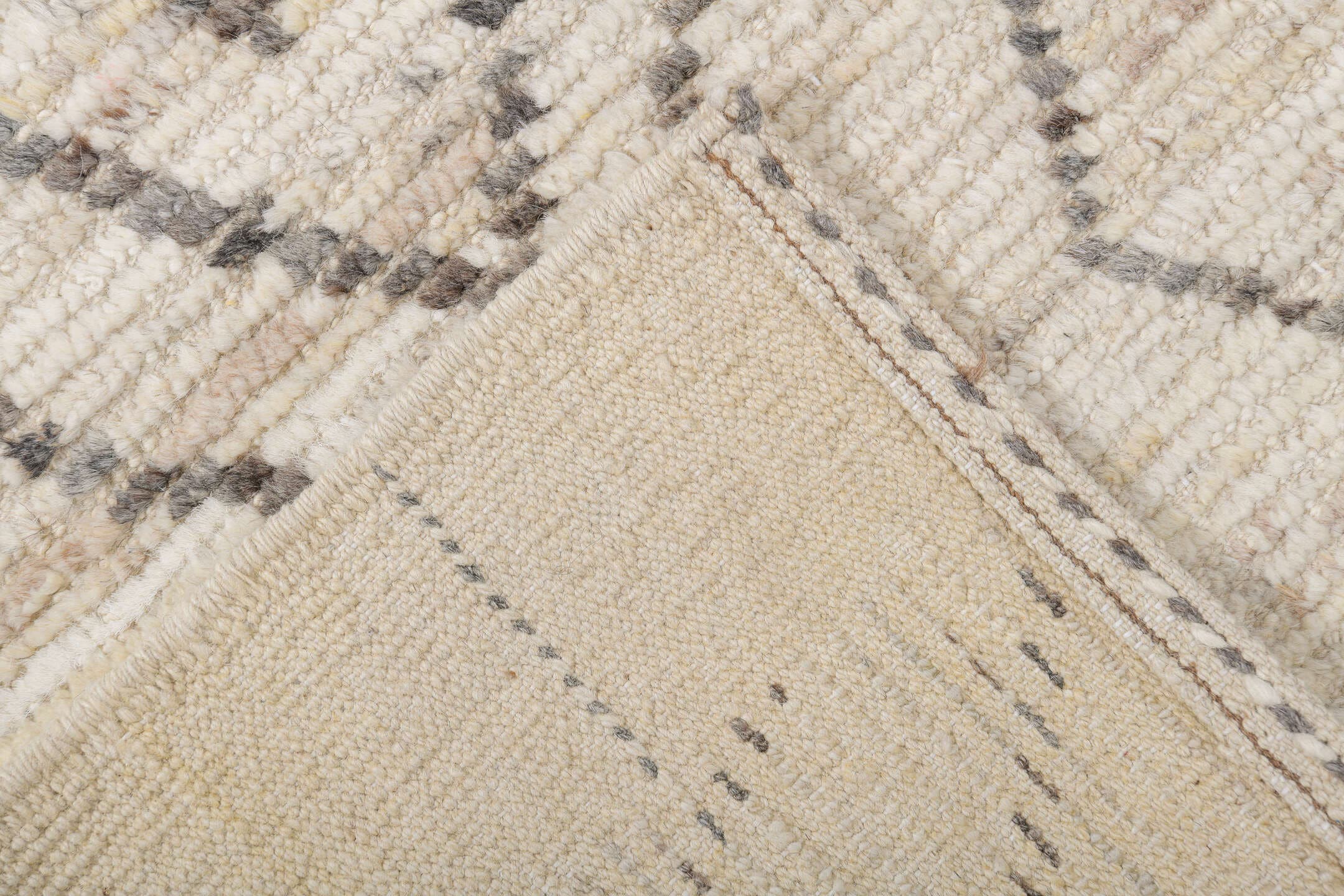 9' x 12' one-of-a-kind handmade vintage Tulu large size rug. Color palette: ivory, charcoal, cream, taupe, slate, black