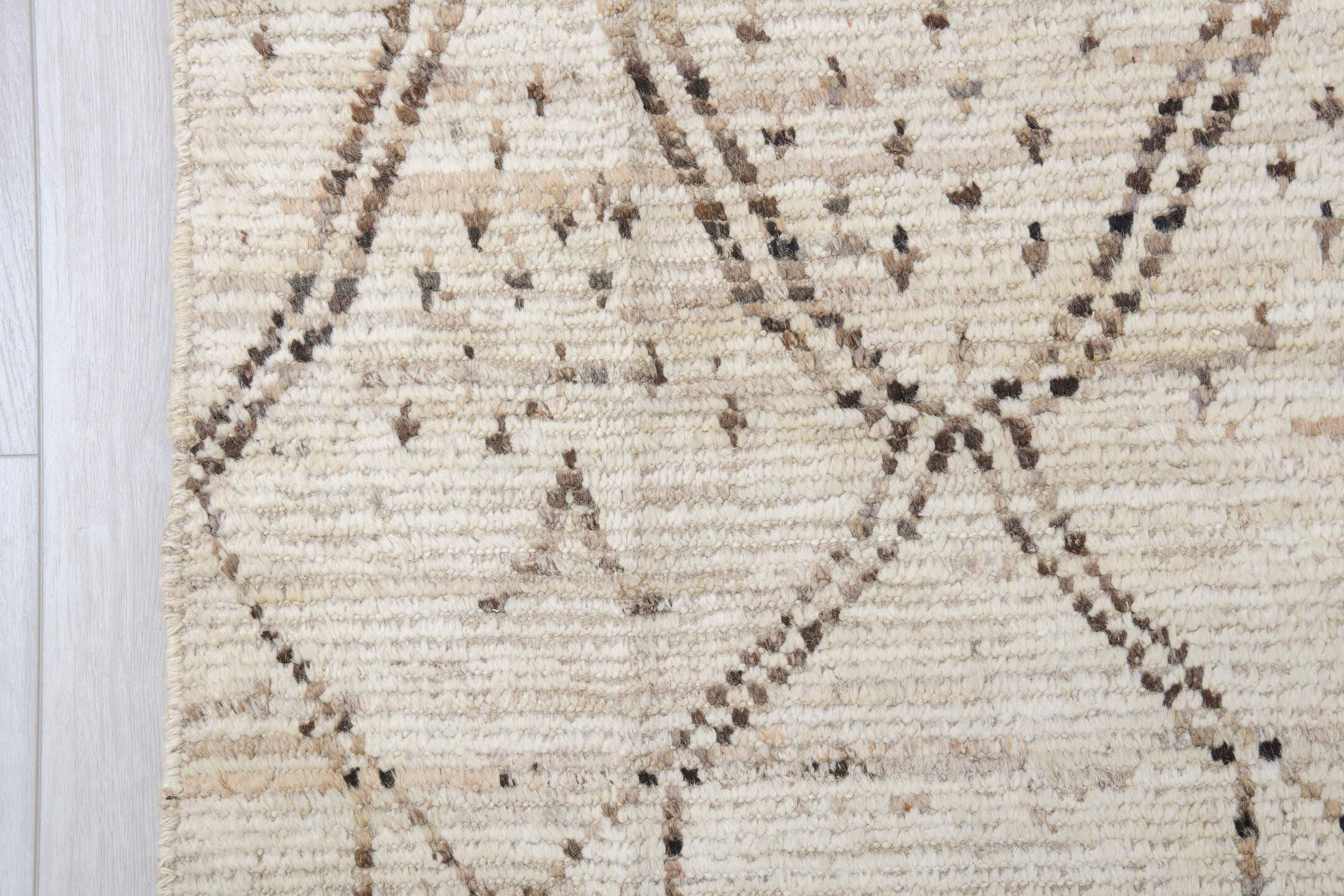 10' x 13' one-of-a-kind handmade vintage Tulu oversize rug. Color palette: ivory, taupe, brown, camel, charcoal, beige, gray