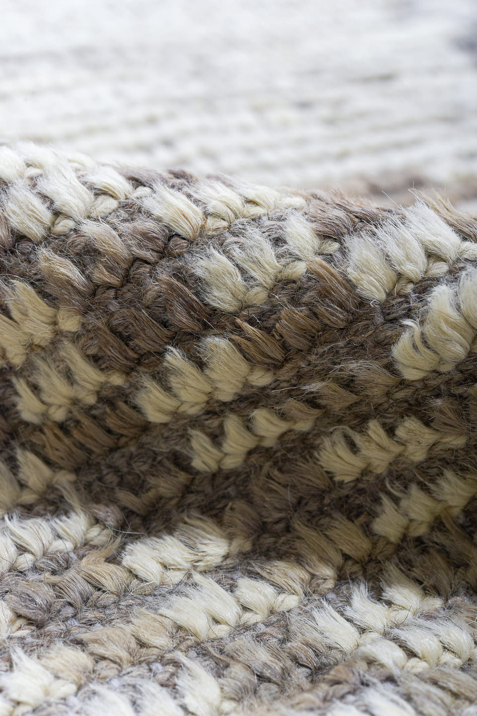 9' x 12' one-of-a-kind handmade vintage Tulu large size rug. Color palette: ivory, gray, taupe, brown, beige