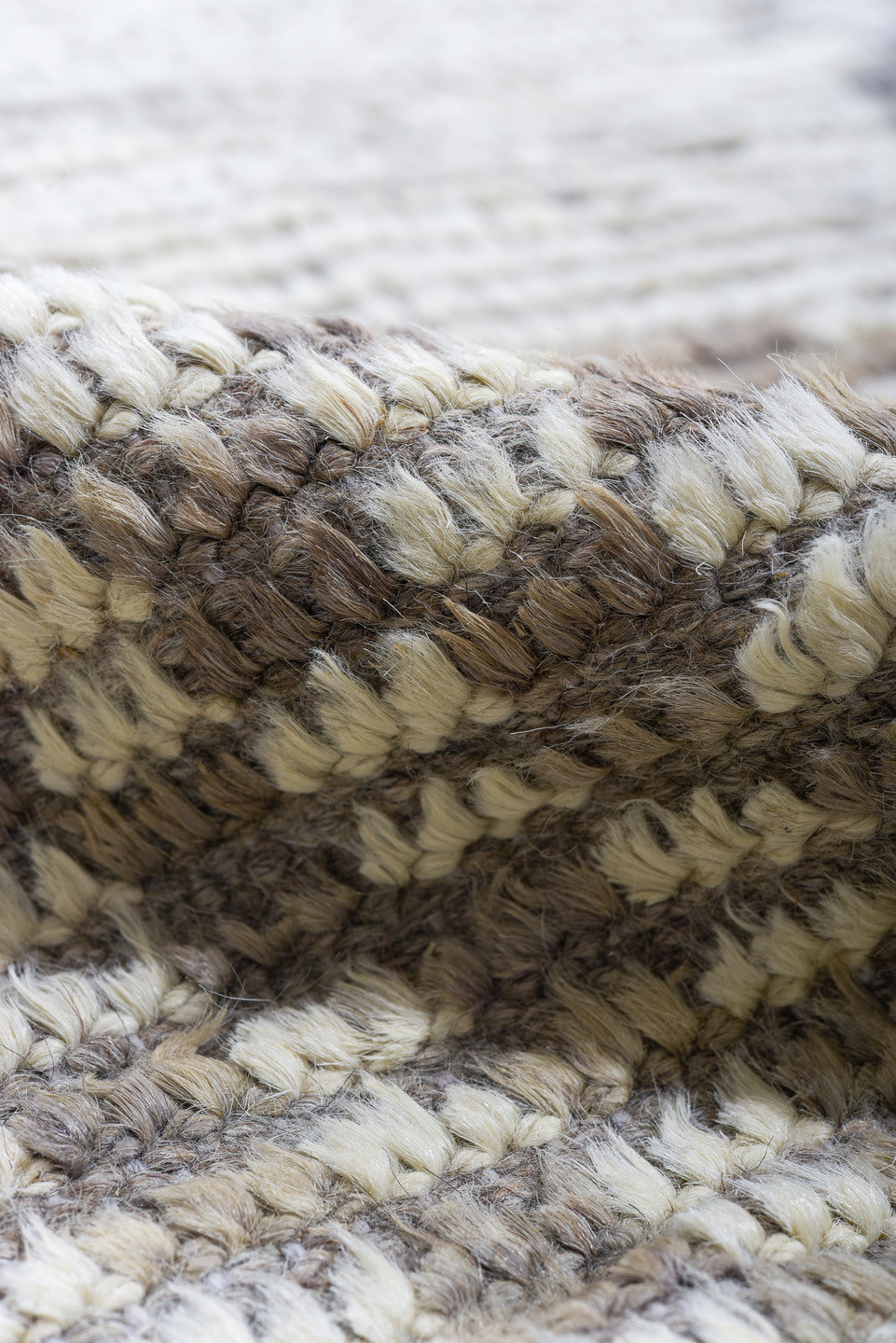 9' x 12' one-of-a-kind handmade vintage Tulu large size rug. Color palette: ivory, gray, taupe, brown, beige