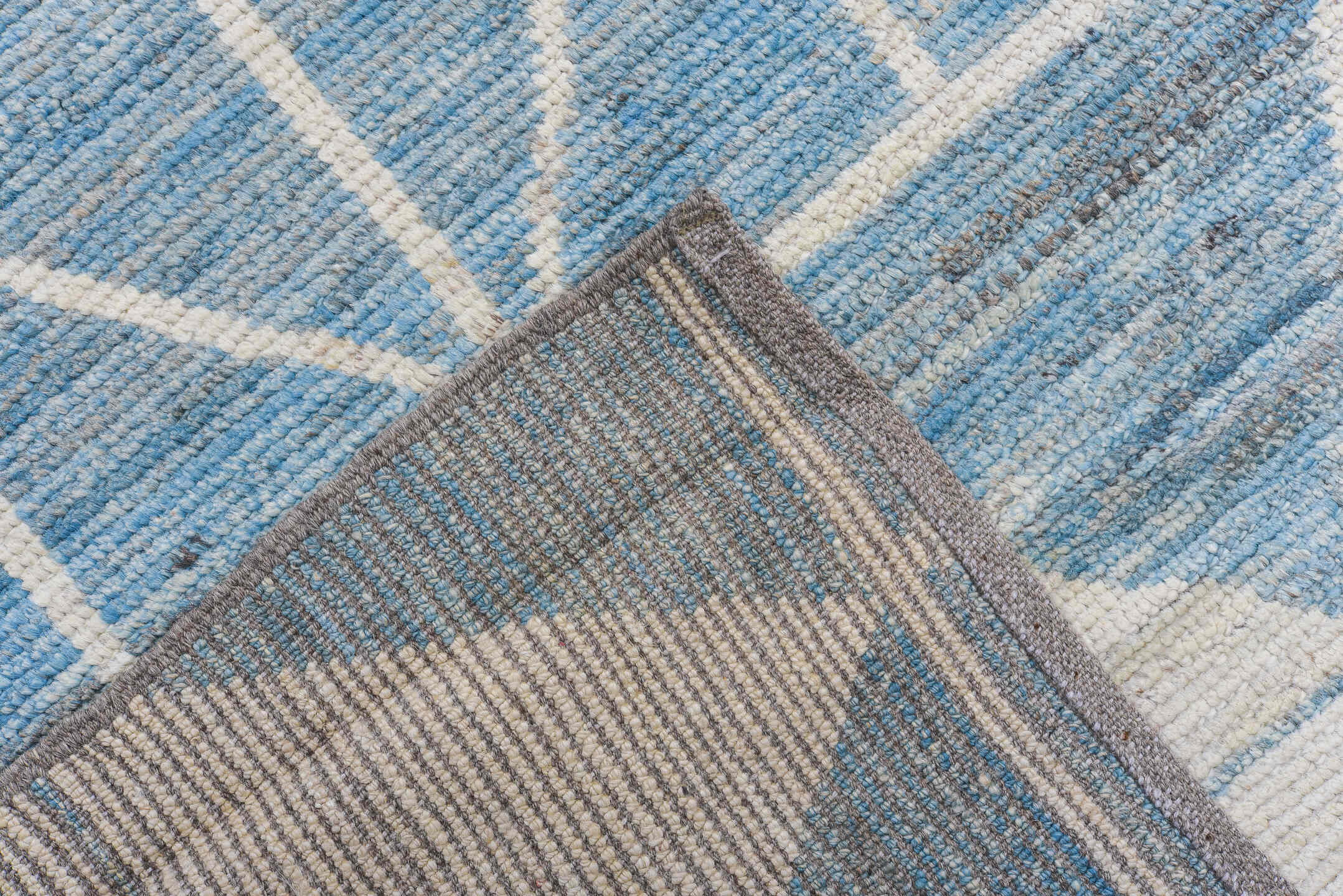 9' x 11' one-of-a-kind handmade vintage Tulu large size rug. Color palette: sky blue, ivory, powder blue, light blue
