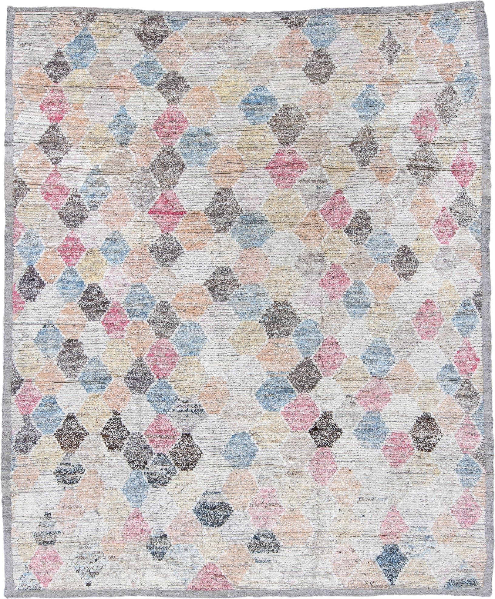 9' x 11' one-of-a-kind handmade vintage Tulu large size rug. Color palette: ivory, sky blue, charcoal, blush, pink