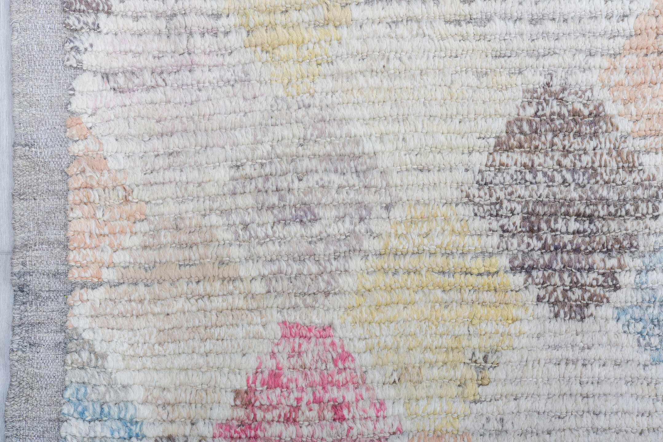 9' x 11' one-of-a-kind handmade vintage Tulu large size rug. Color palette: ivory, sky blue, charcoal, blush, pink