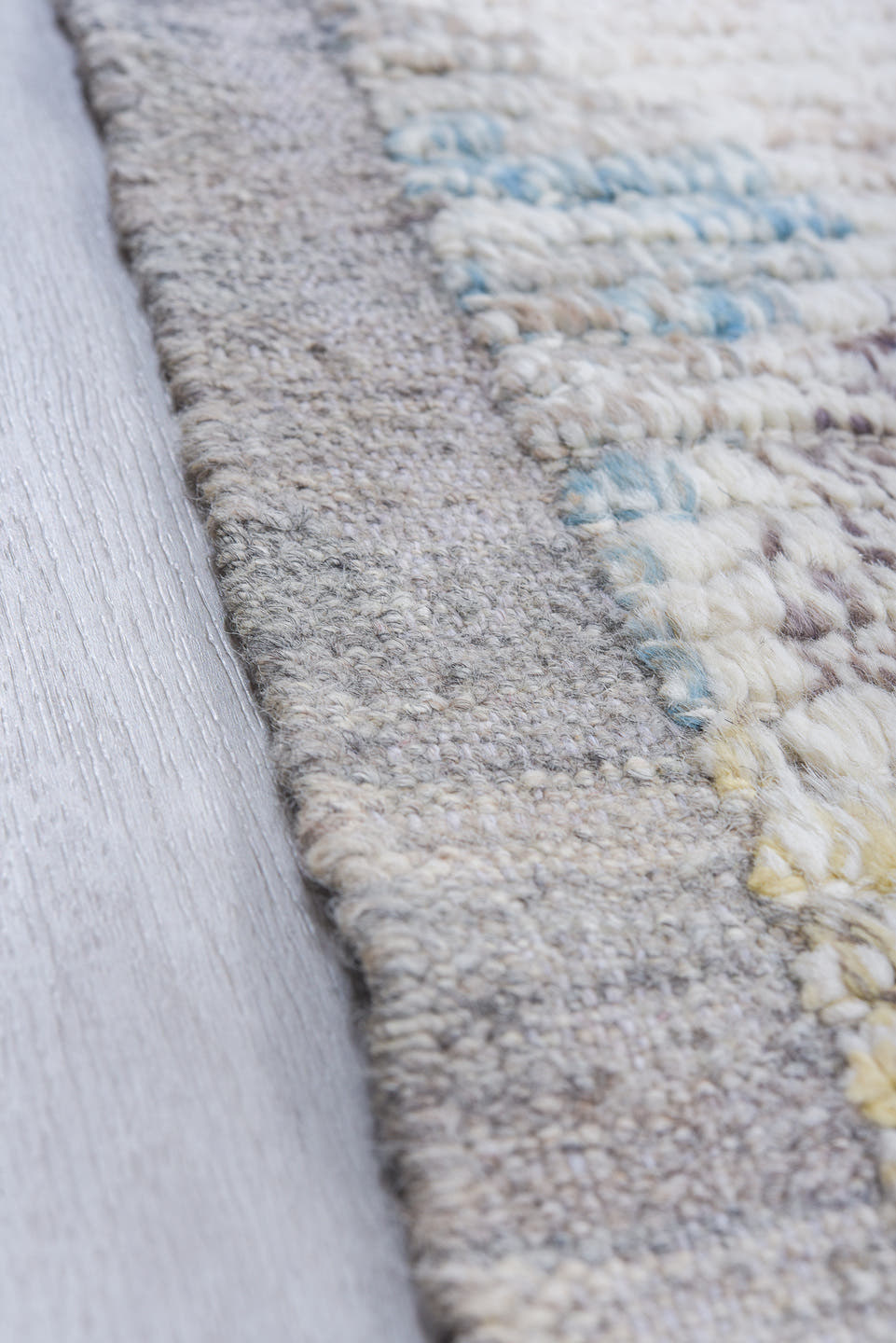 9' x 11' one-of-a-kind handmade vintage Tulu large size rug. Color palette: ivory, sky blue, charcoal, blush, pink