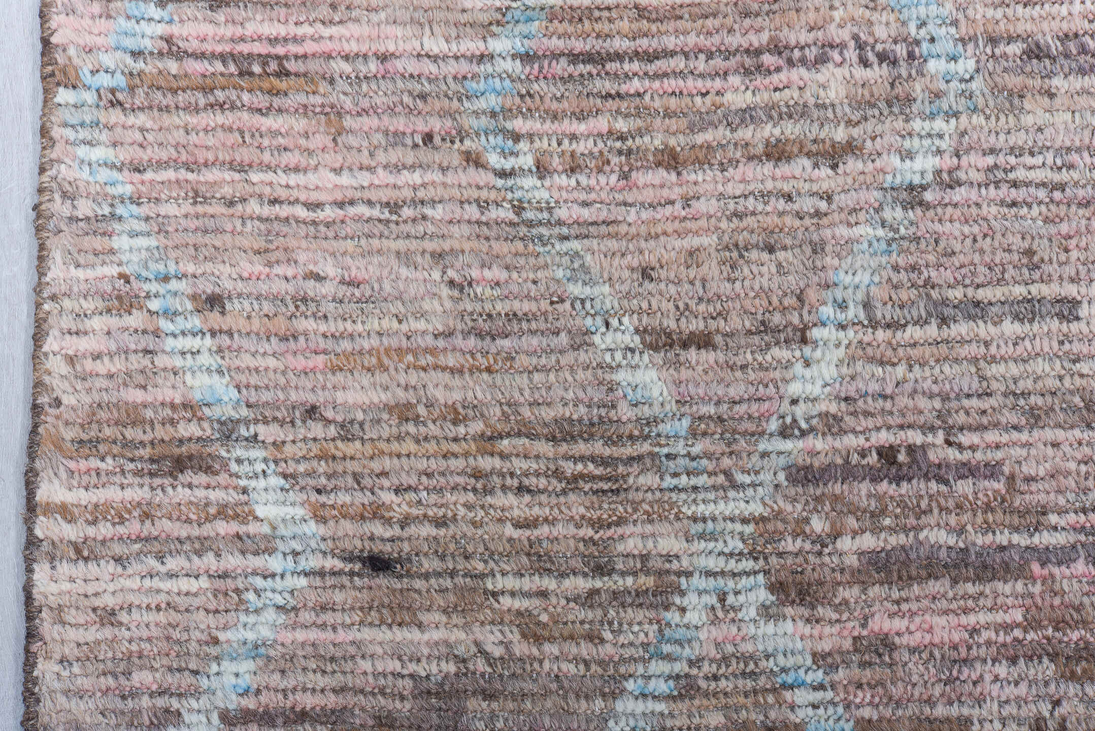 8' x 9' one-of-a-kind handmade vintage Tulu rug. Color palette: taupe, blush, brown, ivory, rose, camel, beige, gray, pink