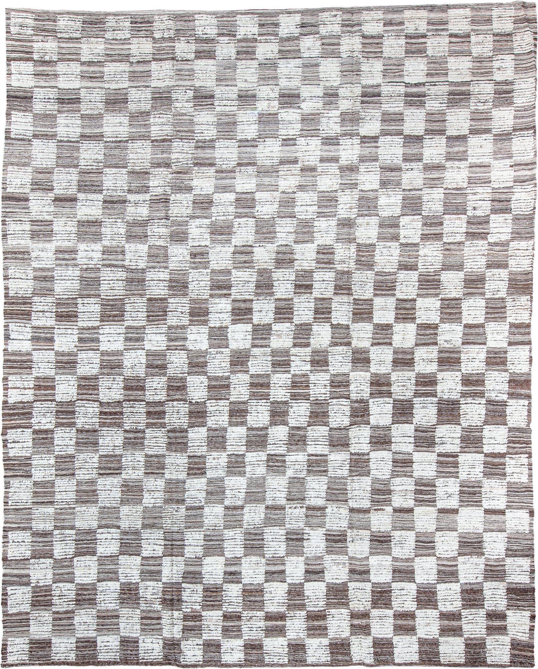 9' x 12' one-of-a-kind handmade vintage Tulu large size rug. Color palette: ivory, taupe, brown, cream, beige, gray
