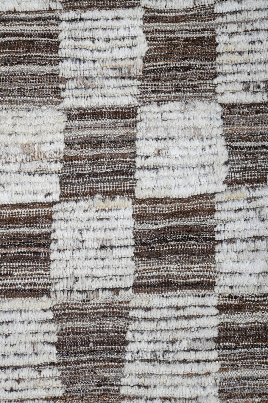 9' x 12' one-of-a-kind handmade vintage Tulu large size rug. Color palette: ivory, taupe, brown, cream, beige, gray