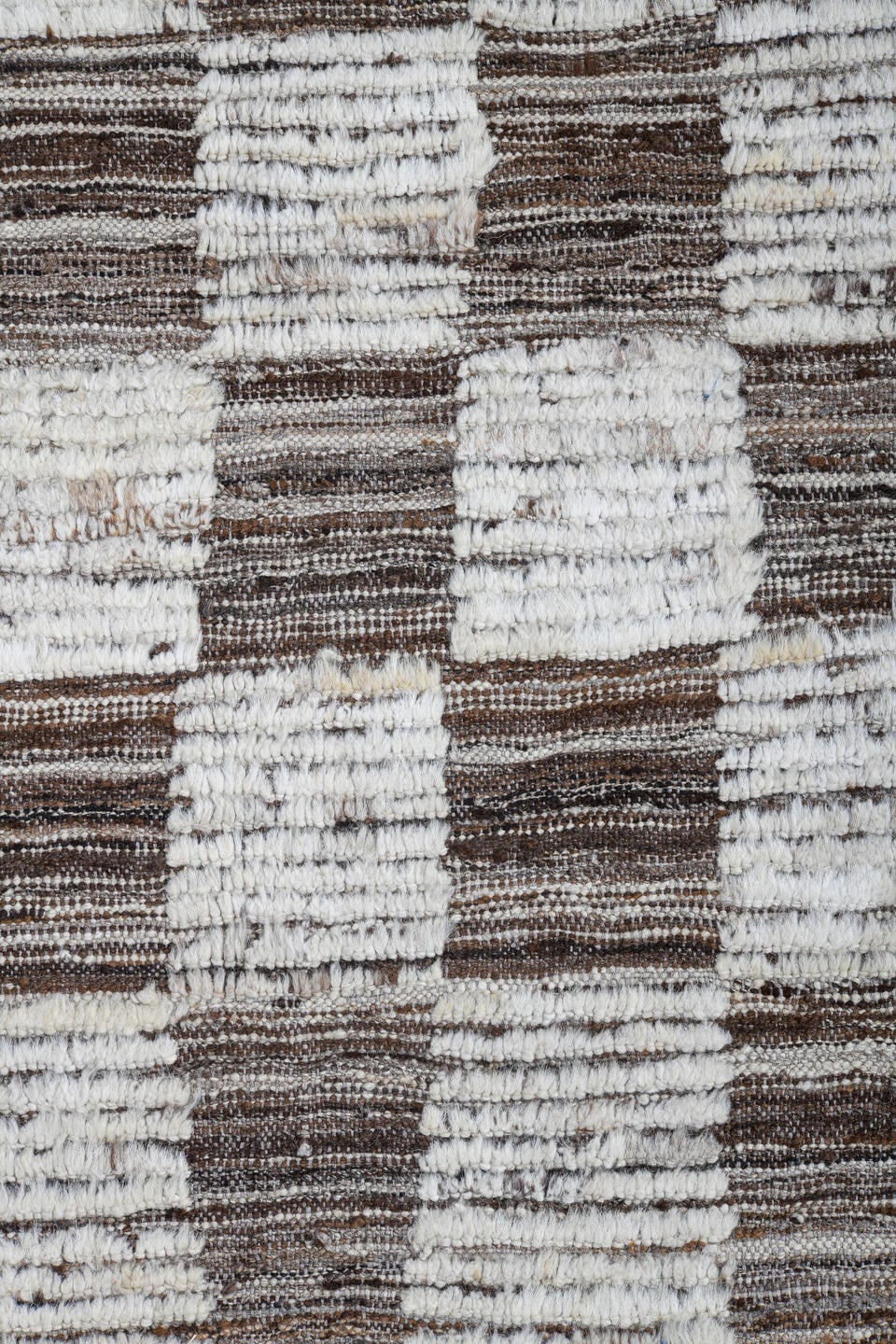 9' x 12' one-of-a-kind handmade vintage Tulu large size rug. Color palette: ivory, taupe, brown, cream, beige, gray