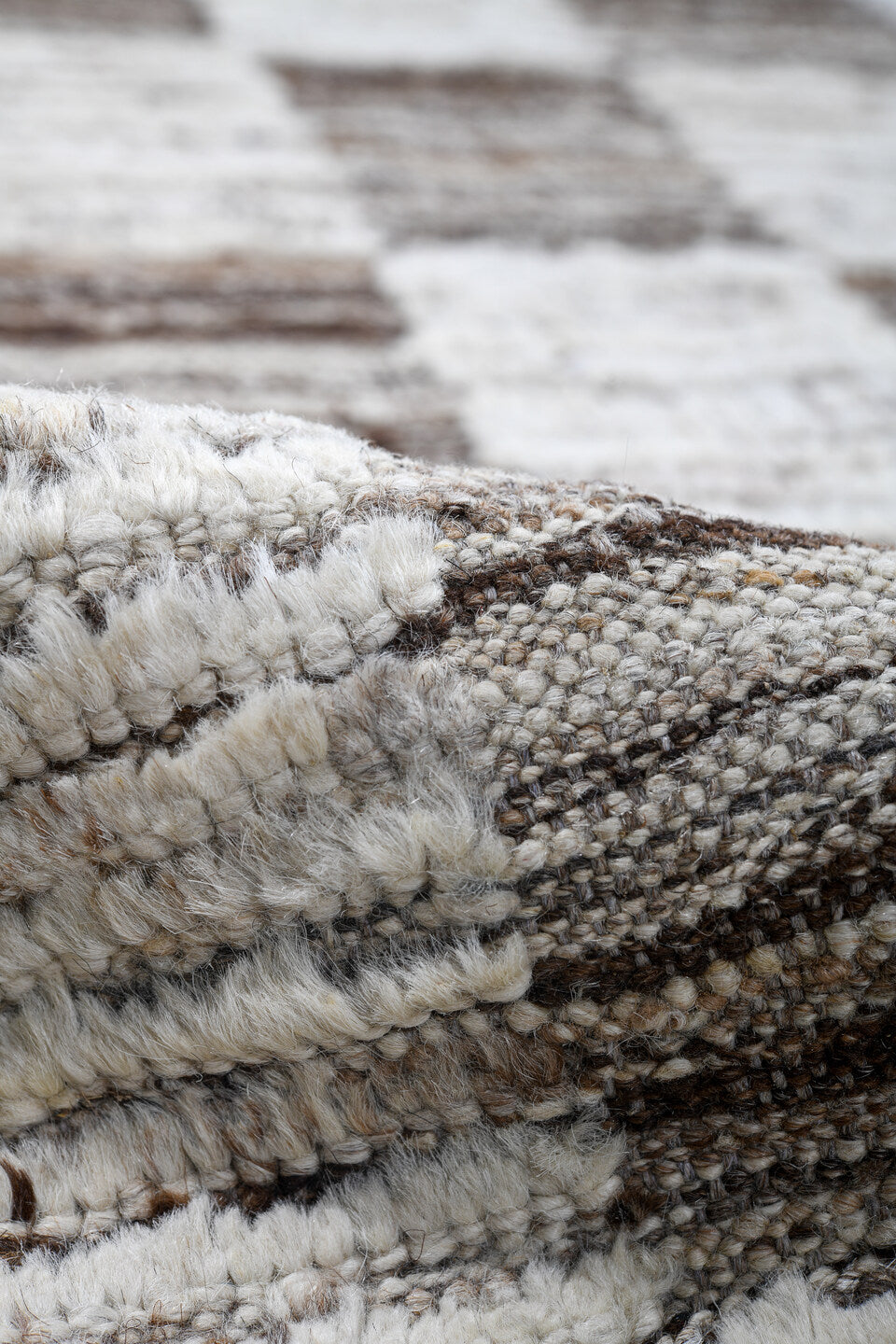9' x 12' one-of-a-kind handmade vintage Tulu large size rug. Color palette: ivory, taupe, brown, cream, beige, gray
