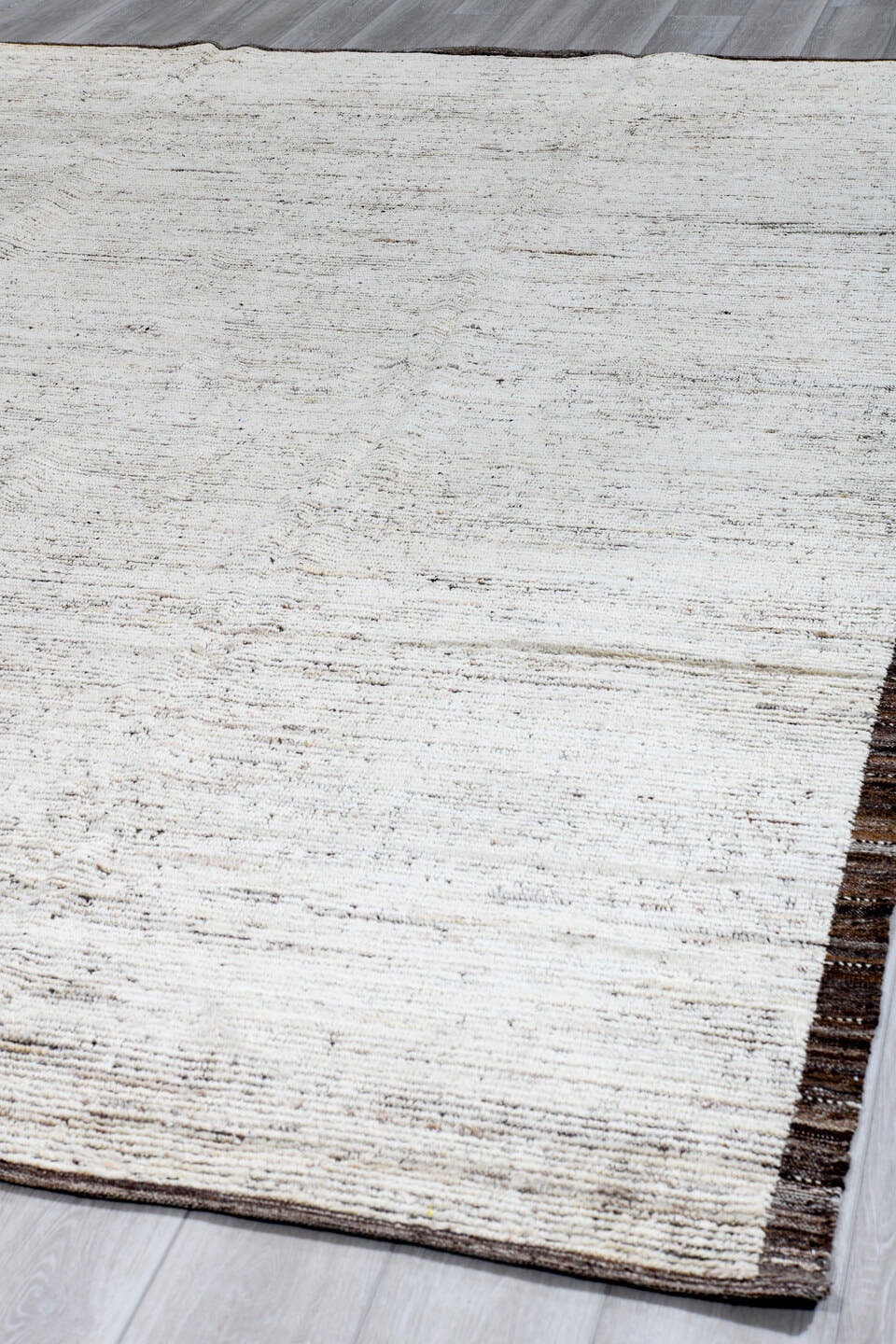 9' x 12' one-of-a-kind handmade vintage Tulu large size rug. Color palette: ivory, brown, taupe, charcoal, beige, gray