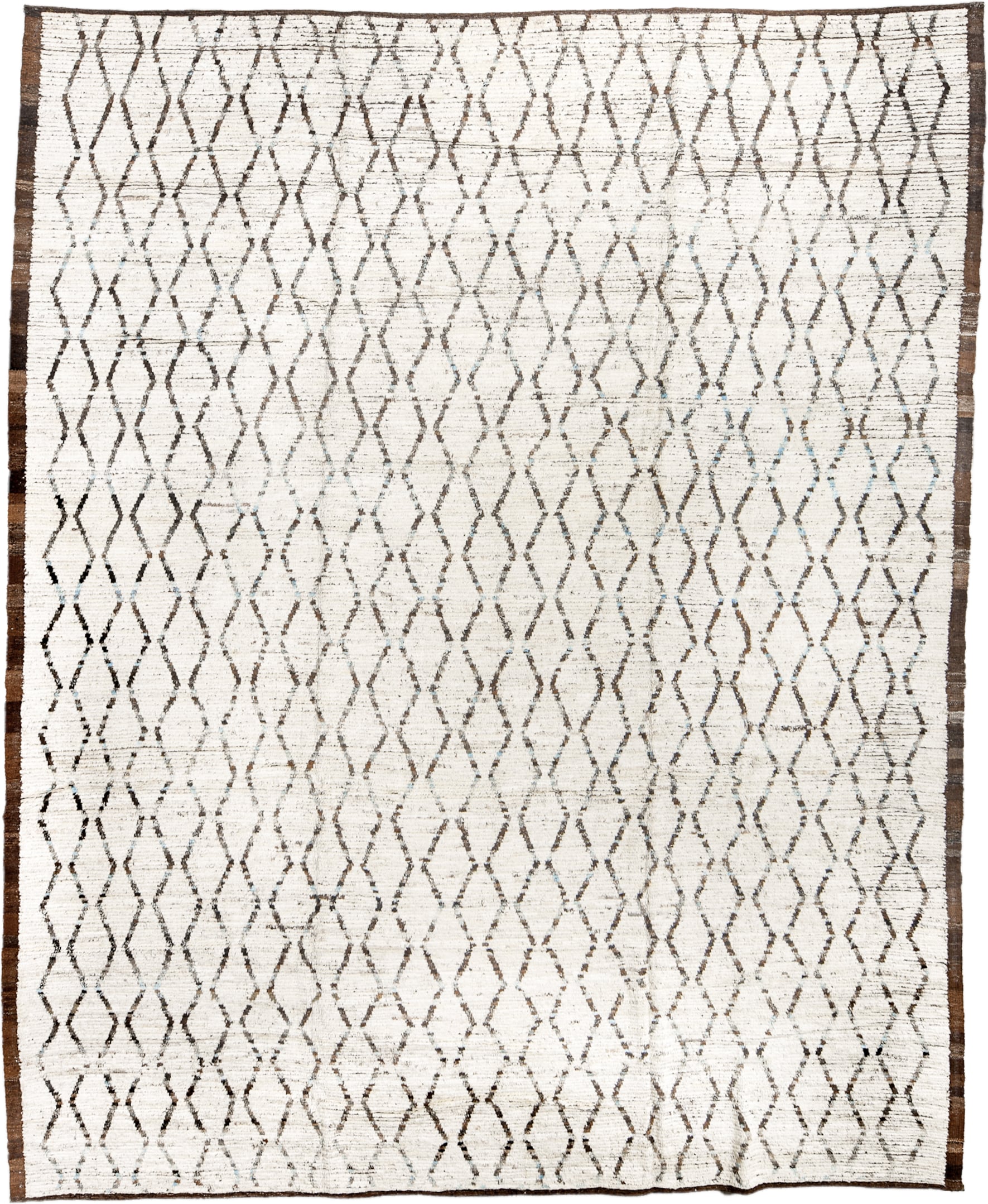 10' x 12' one-of-a-kind handmade vintage Tulu large size rug. Color palette: ivory, brown, charcoal, taupe, faint blue