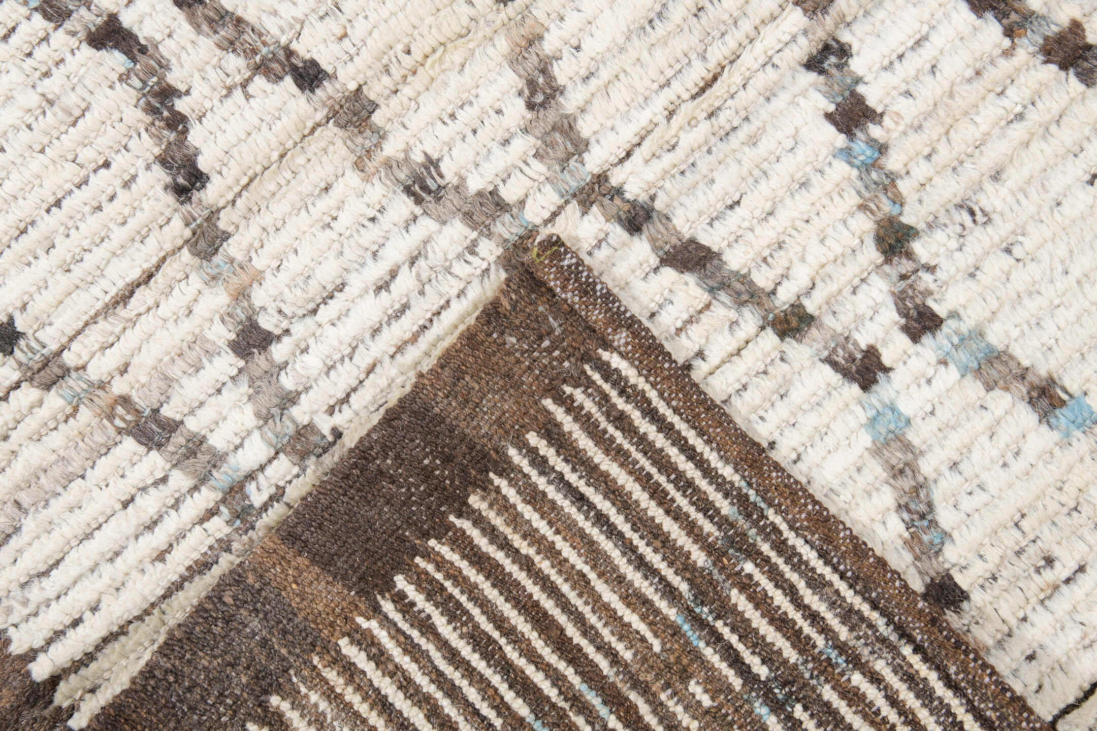 10' x 12' one-of-a-kind handmade vintage Tulu large size rug. Color palette: ivory, brown, charcoal, taupe, faint blue