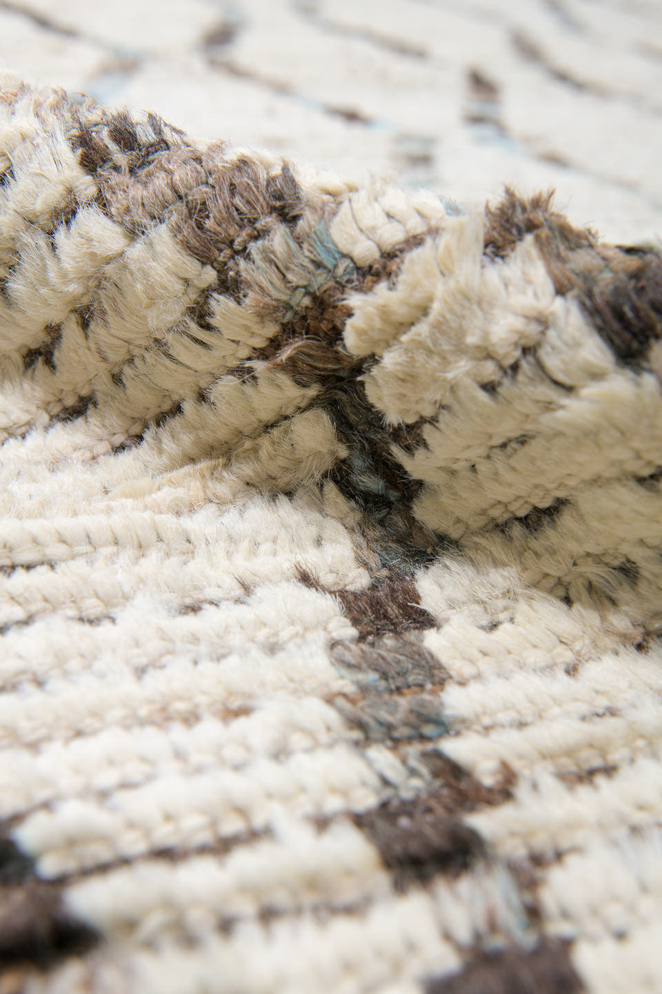 10' x 12' one-of-a-kind handmade vintage Tulu large size rug. Color palette: ivory, brown, charcoal, taupe, faint blue