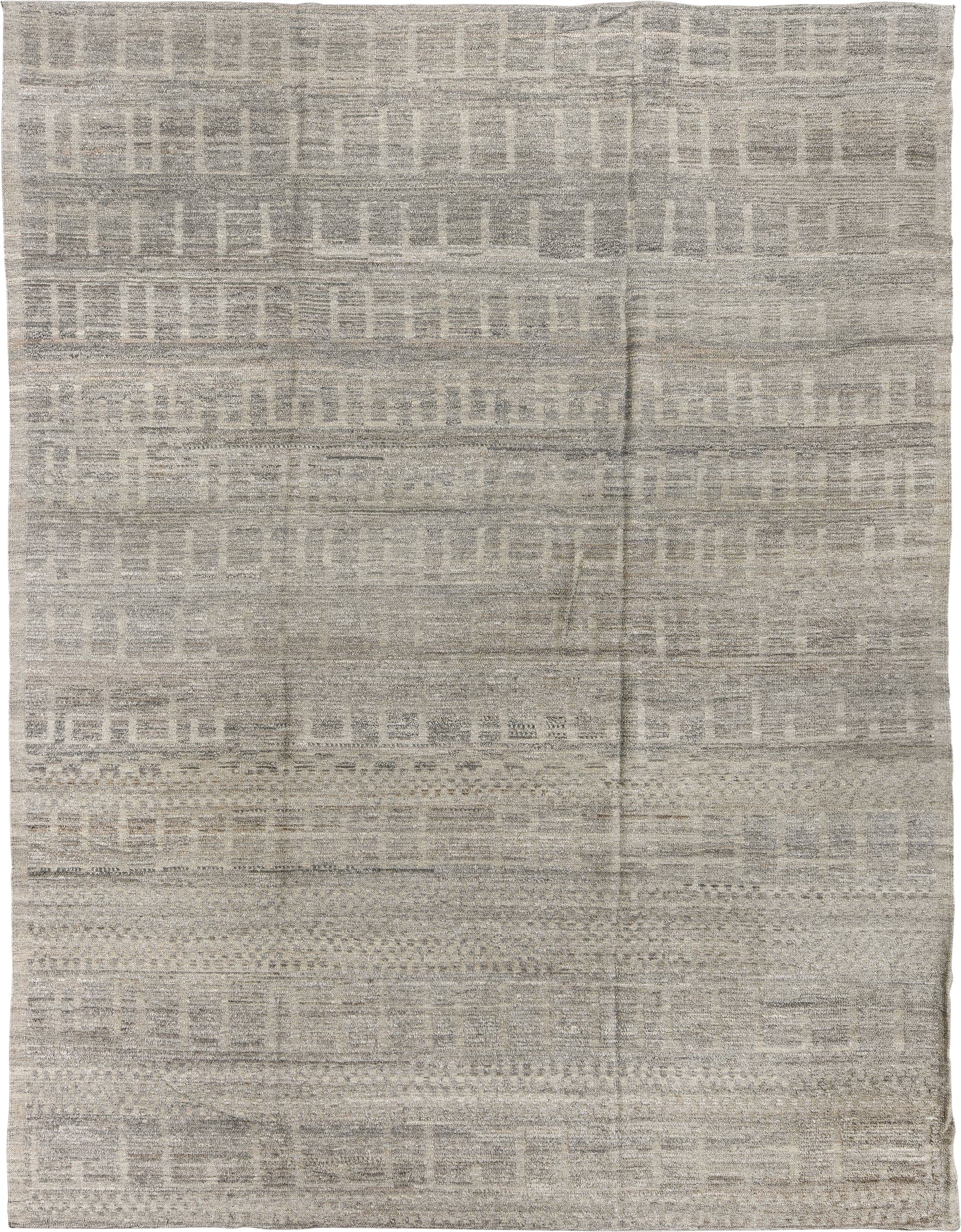 9' x 12' one-of-a-kind handmade vintage Tulu large size rug. Color palette: taupe, ivory, gray, greige, stone, beige