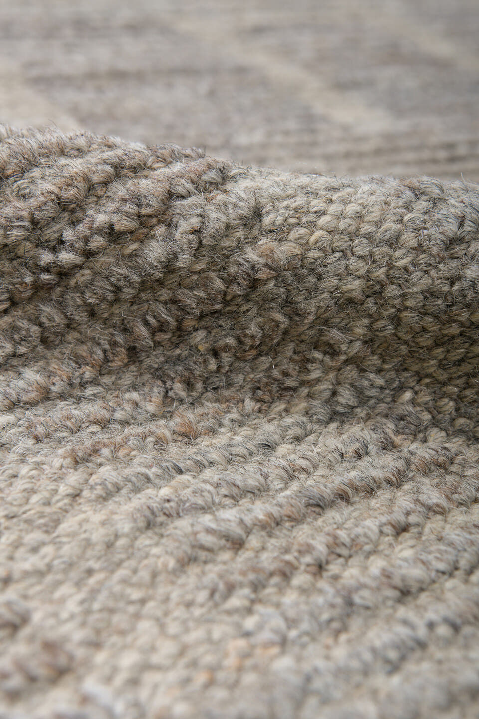 9' x 12' one-of-a-kind handmade vintage Tulu large size rug. Color palette: taupe, ivory, gray, greige, stone, beige