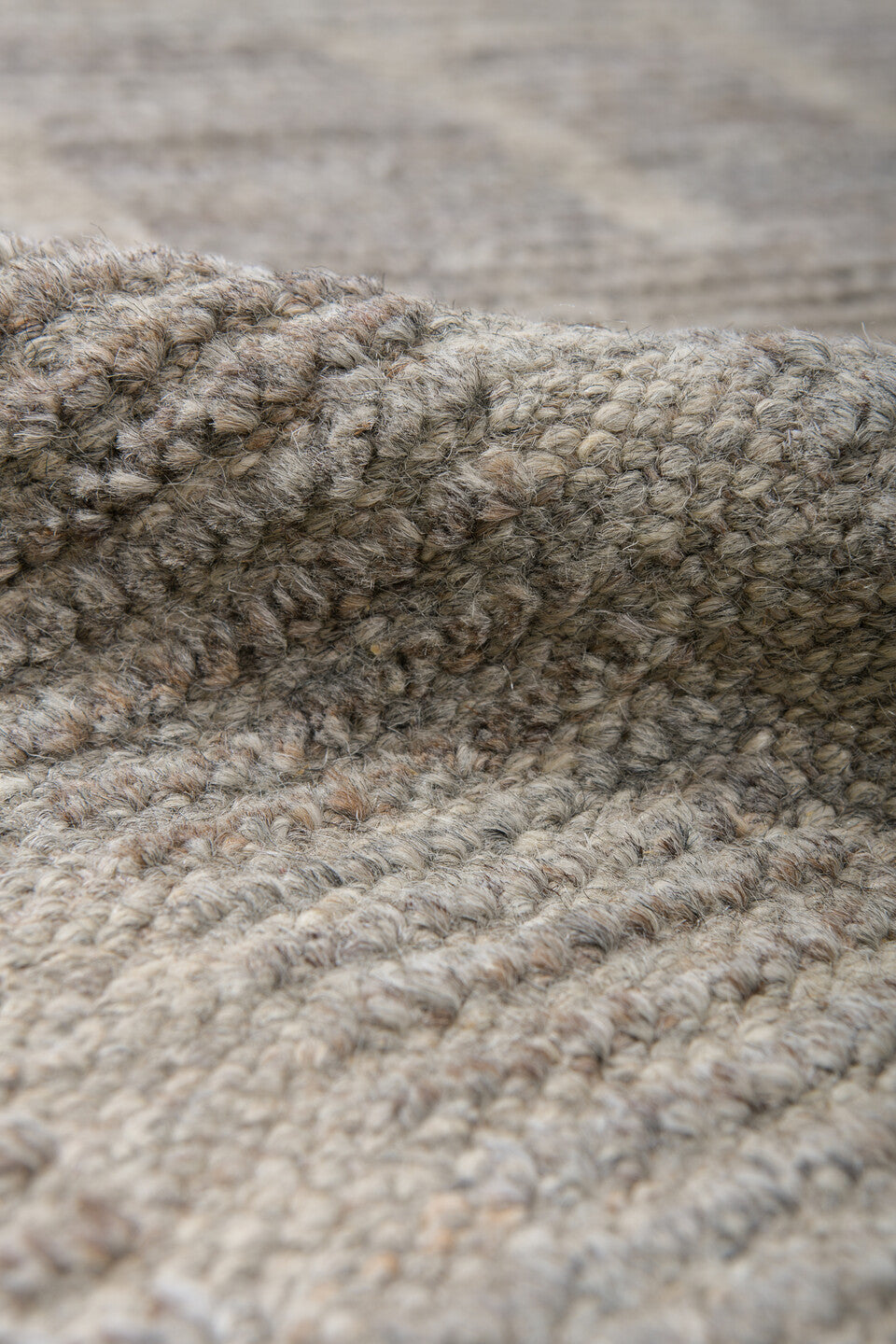 9' x 12' one-of-a-kind handmade vintage Tulu large size rug. Color palette: taupe, ivory, gray, greige, stone, beige