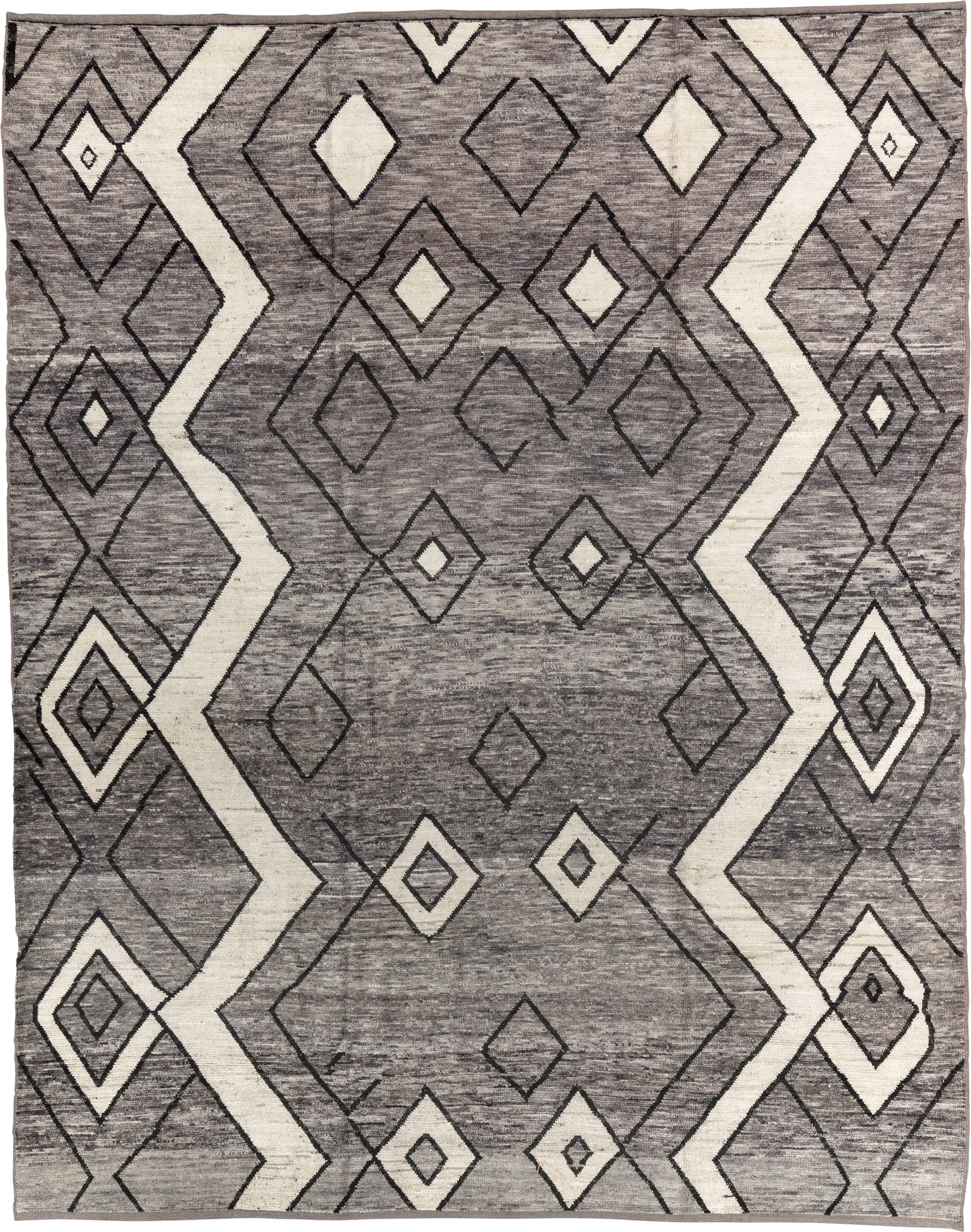 9' x 11' one-of-a-kind handmade vintage Tulu large size rug. Color palette: gray, ivory, charcoal, black